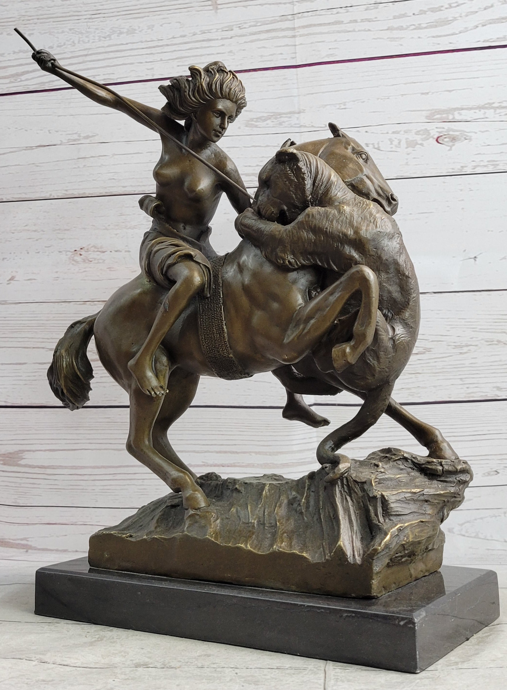 Nude Mounted Amazon Attacked by a Panther by Karl Kiss Bronze Sculpture Statue
