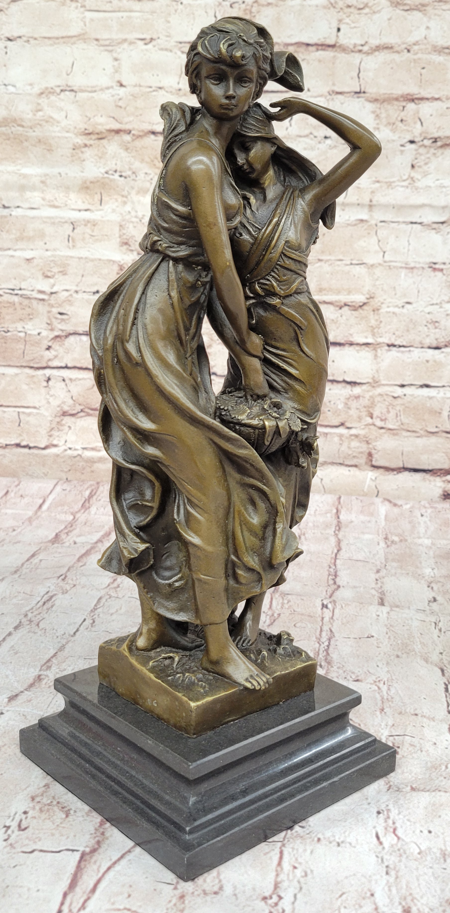 Sisters Embrace 2 Girls Bronze Sculpture 14" x 5"