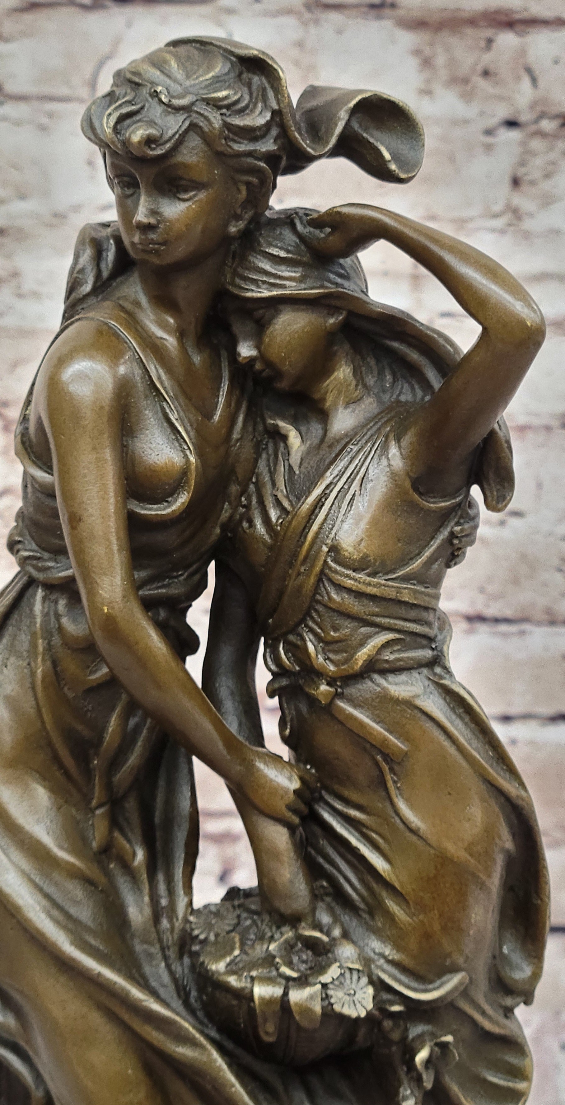 Sisters Embrace 2 Girls Bronze Sculpture 14" x 5"