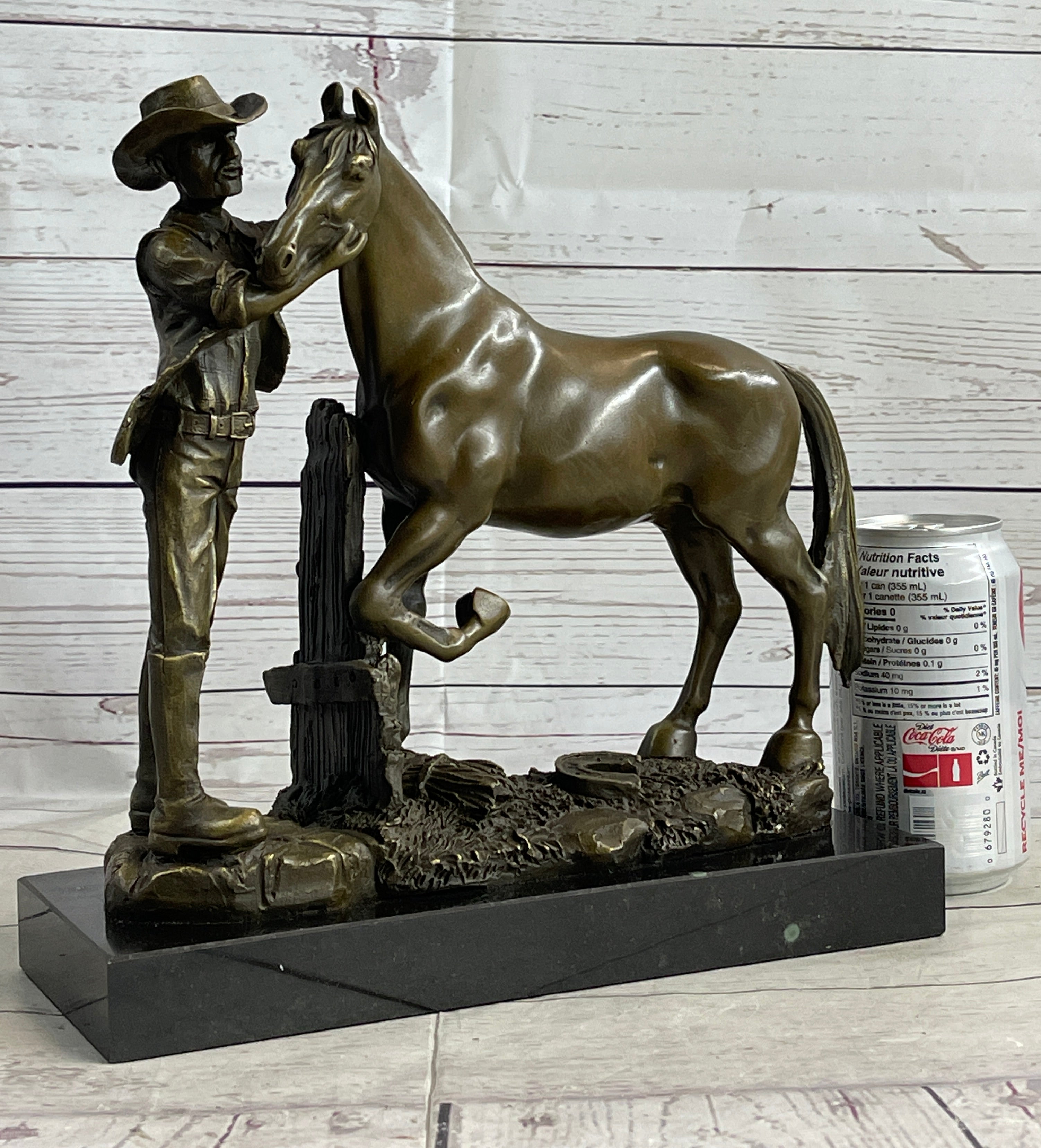 Cowboy Rancher Tending Horse Bronze Sculpture 11" x 12"