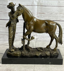 Cowboy Rancher Tending Horse Bronze Sculpture 11" x 12"