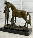 Cowboy Rancher Tending Horse Bronze Sculpture 11" x 12"
