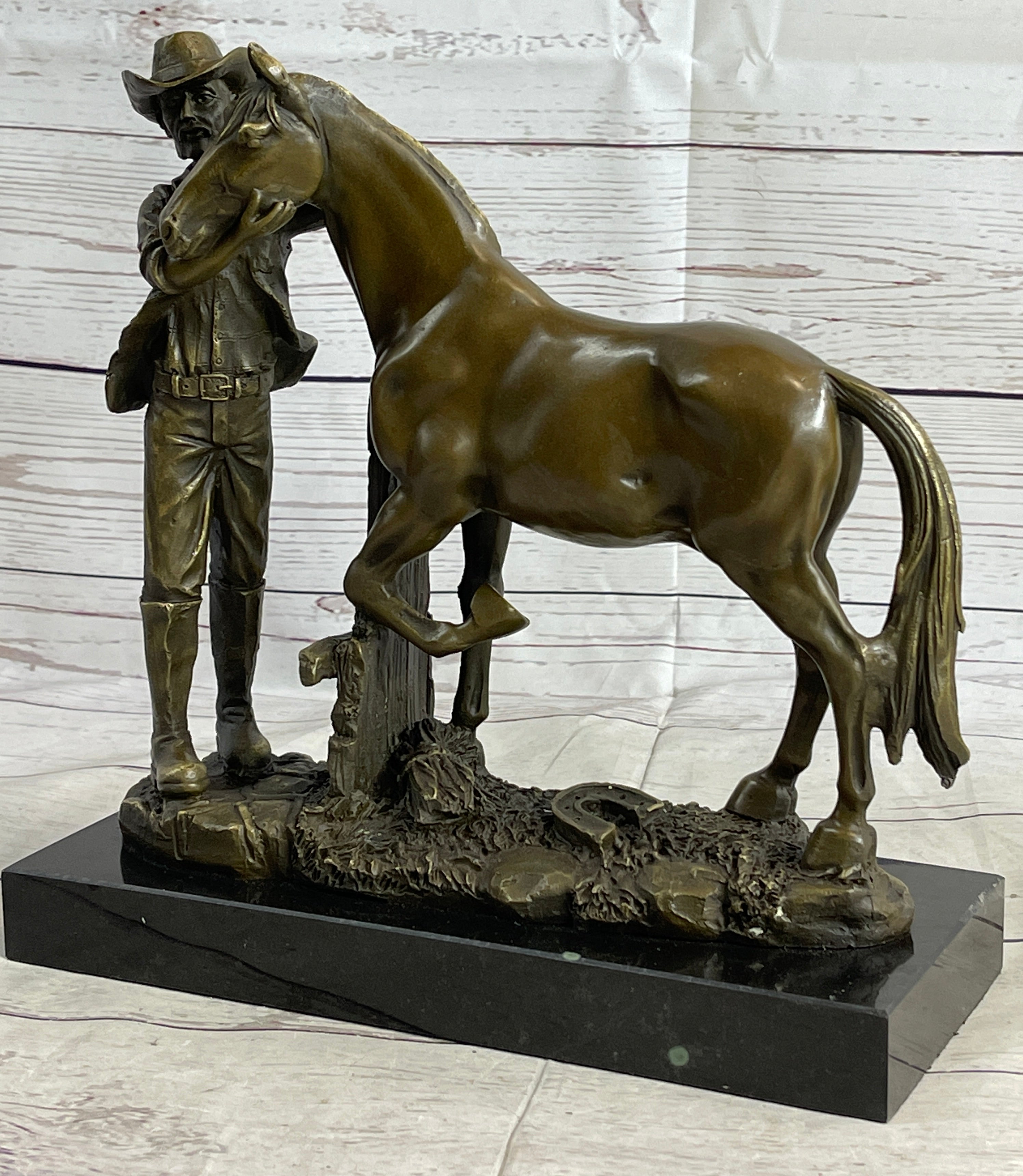 Cowboy Rancher Tending Horse Bronze Sculpture 11" x 12"