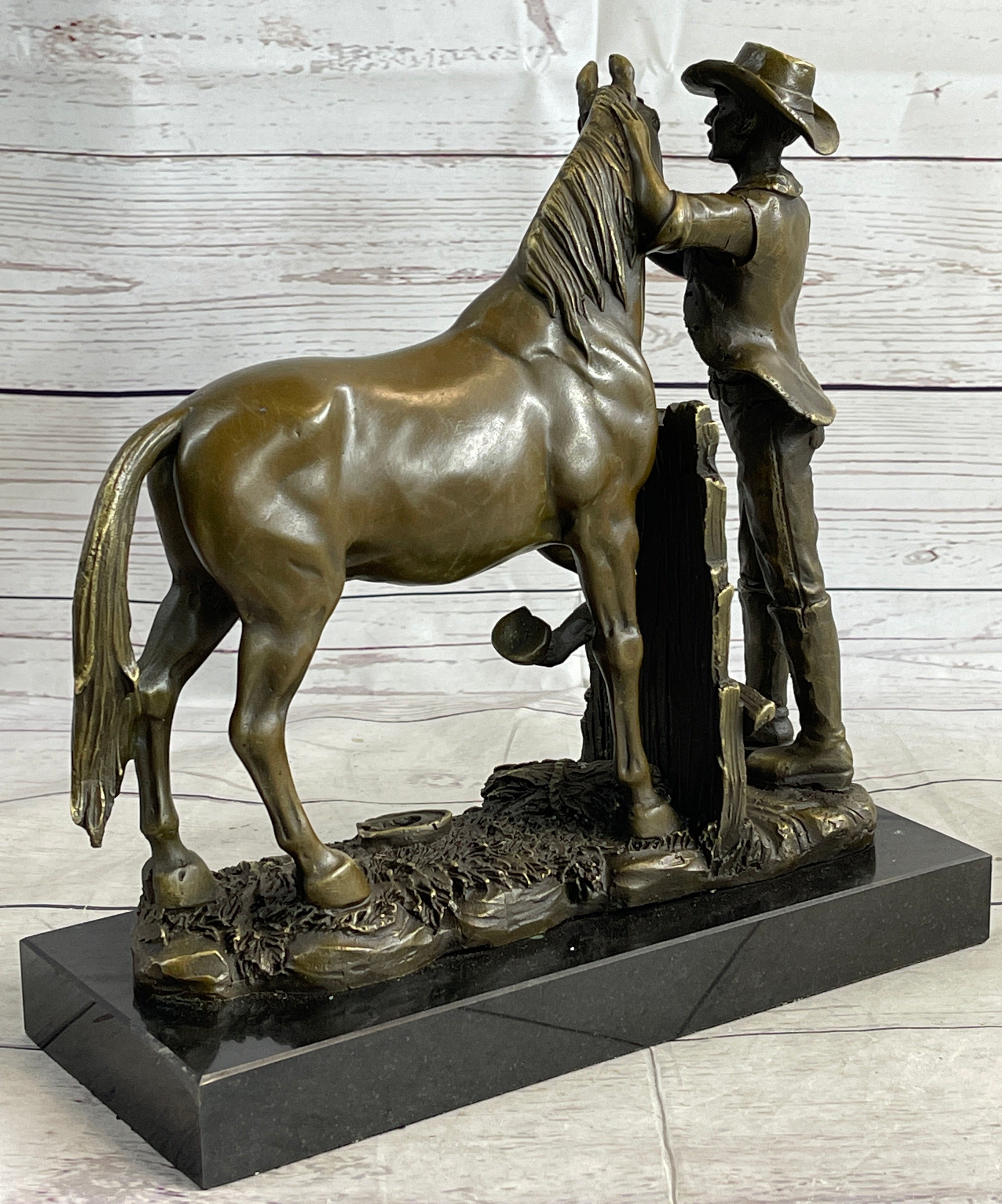 Cowboy Rancher Tending Horse Bronze Sculpture 11" x 12"