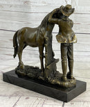 Cowboy Rancher Tending Horse Bronze Sculpture 11" x 12"