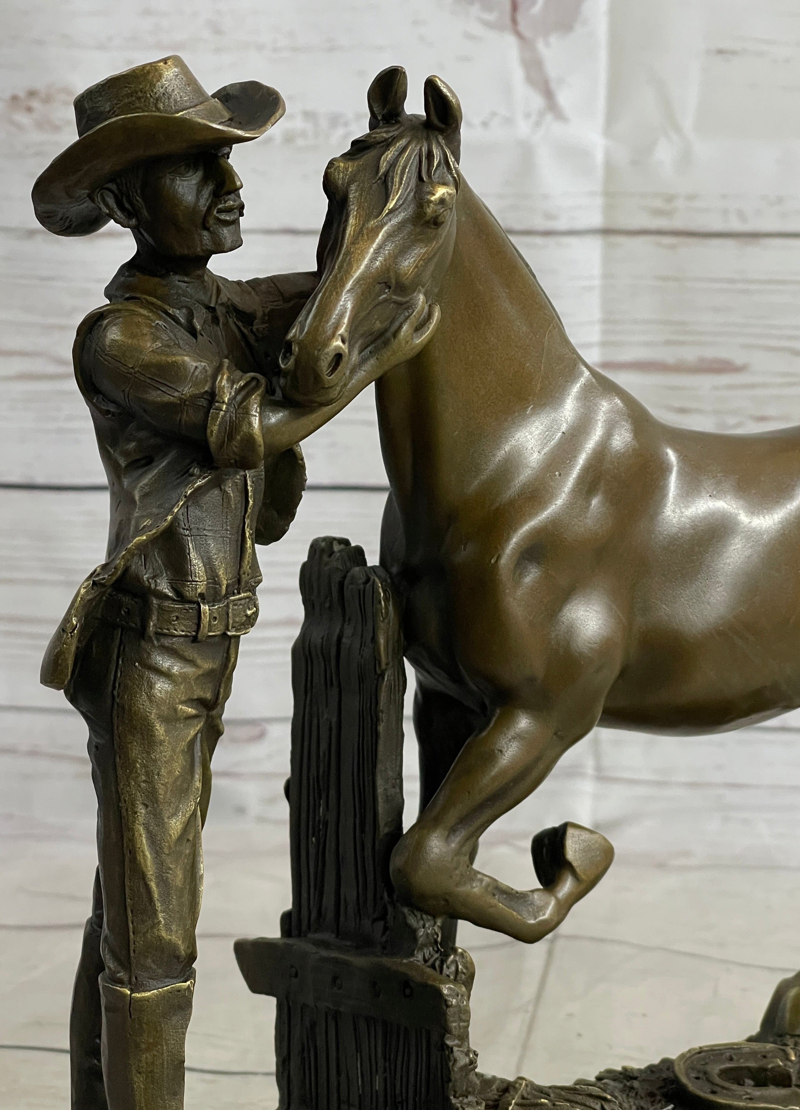 Cowboy Rancher Tending Horse Bronze Sculpture 11" x 12"