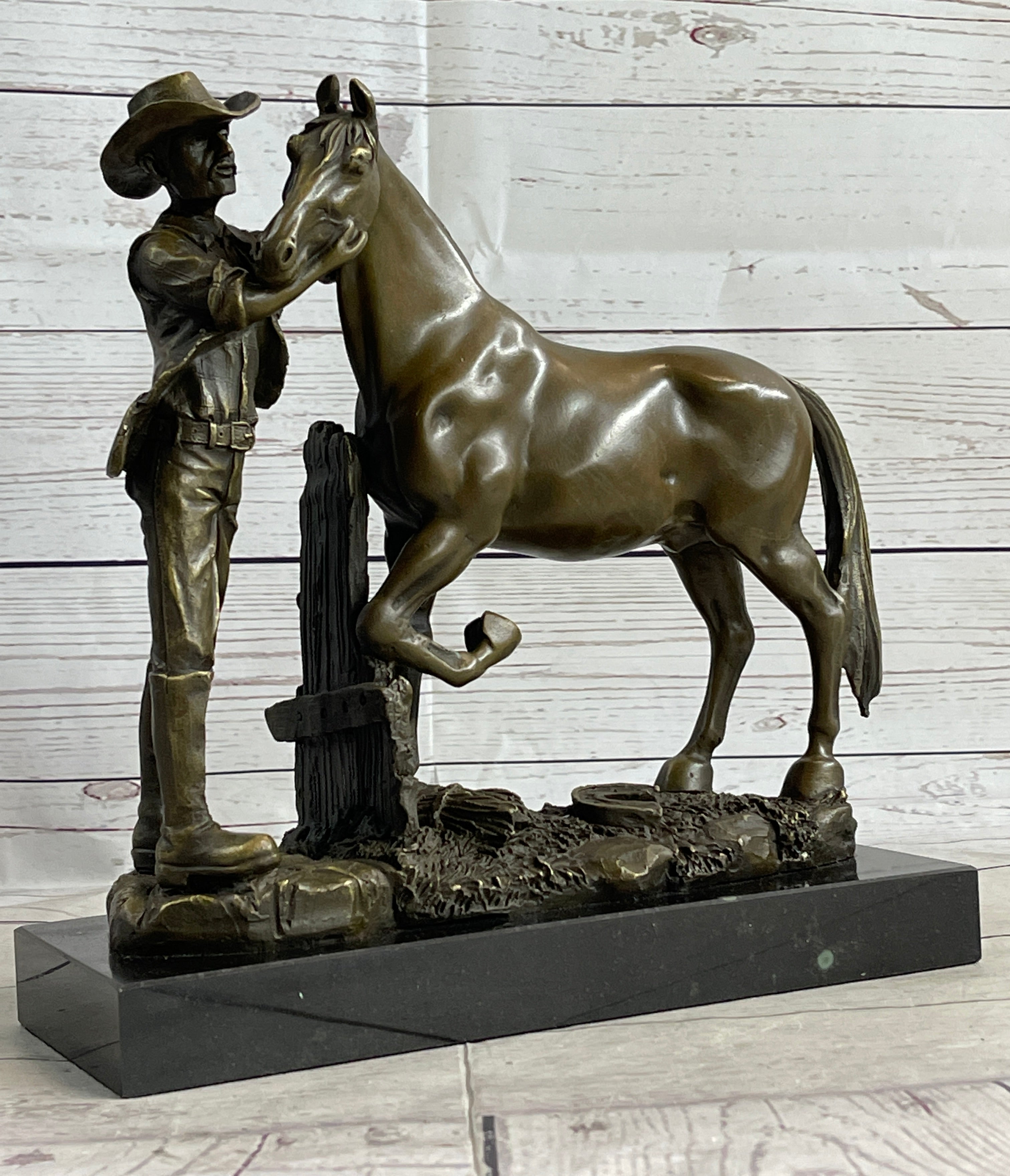 Cowboy Rancher Tending Horse Bronze Sculpture 11" x 12"