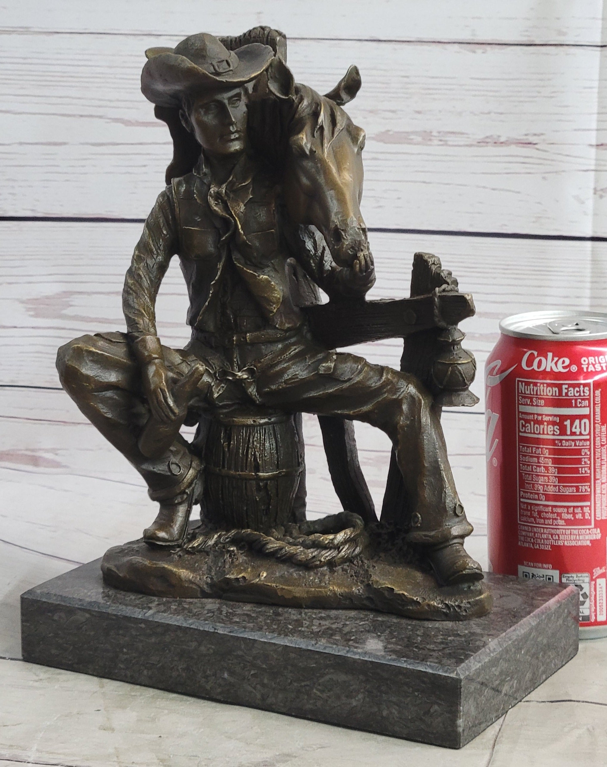 Cowboy & Horse Having a Drink Bronze Sculpture