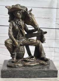 Cowboy & Horse Having a Drink Bronze Sculpture