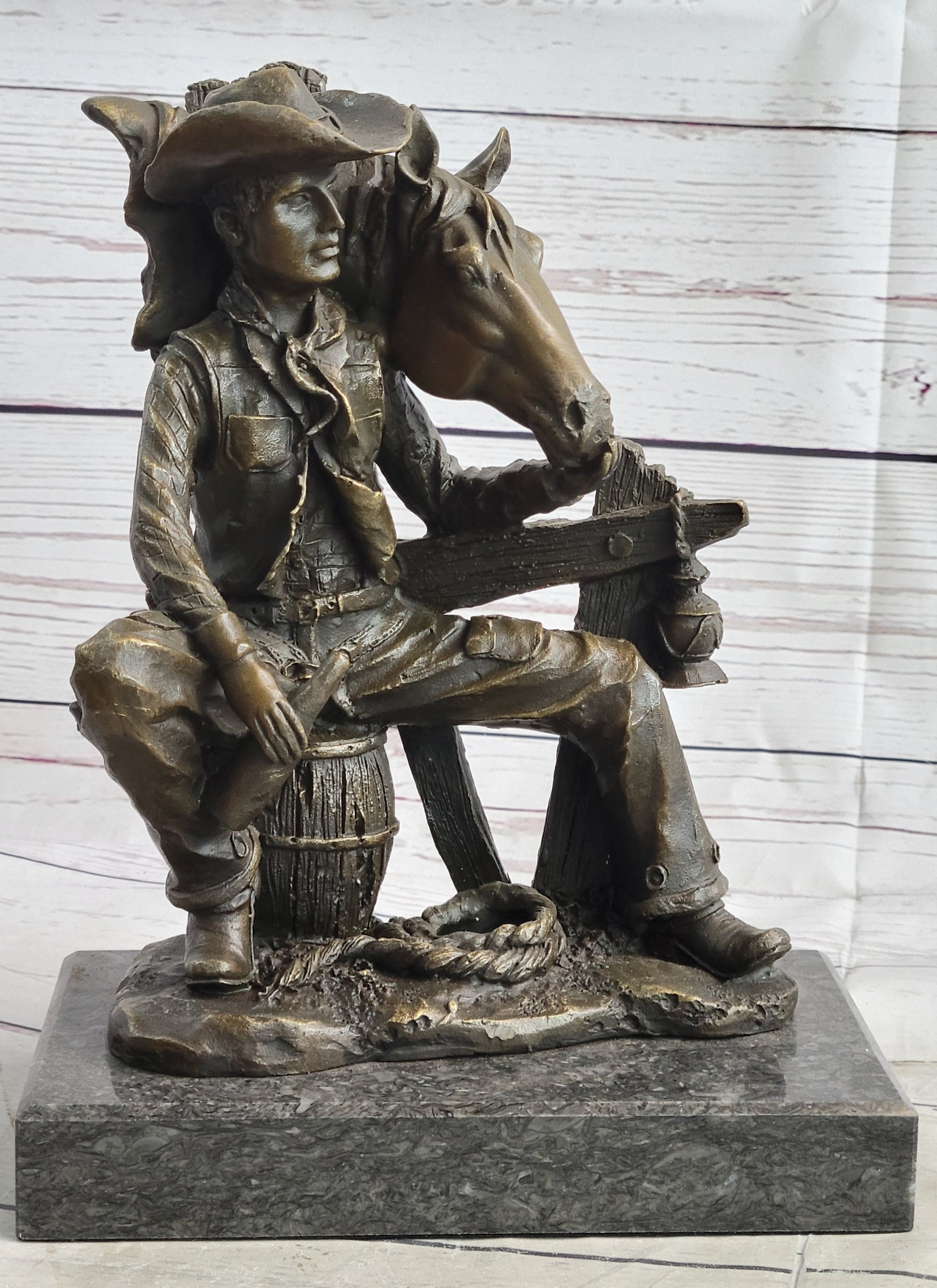 Cowboy & Horse Having a Drink Bronze Sculpture