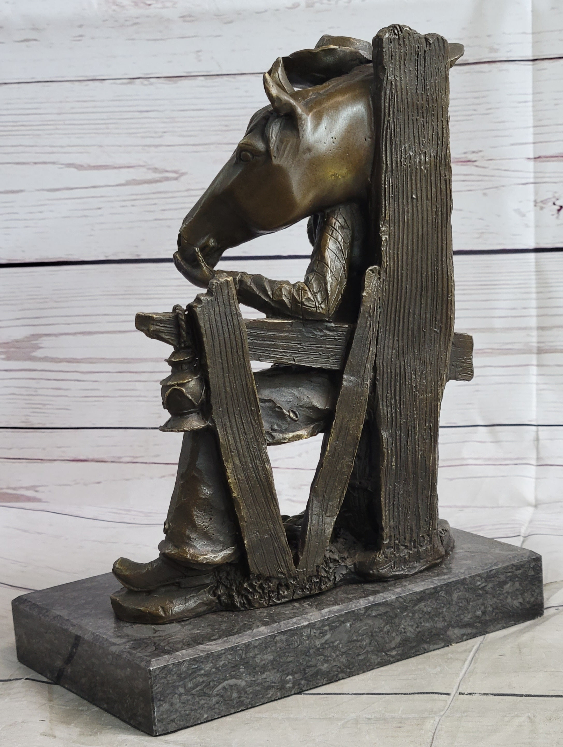 Cowboy & Horse Having a Drink Bronze Sculpture