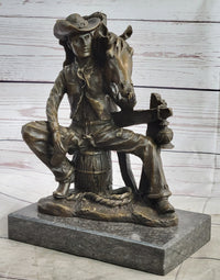Cowboy & Horse Having a Drink Bronze Sculpture