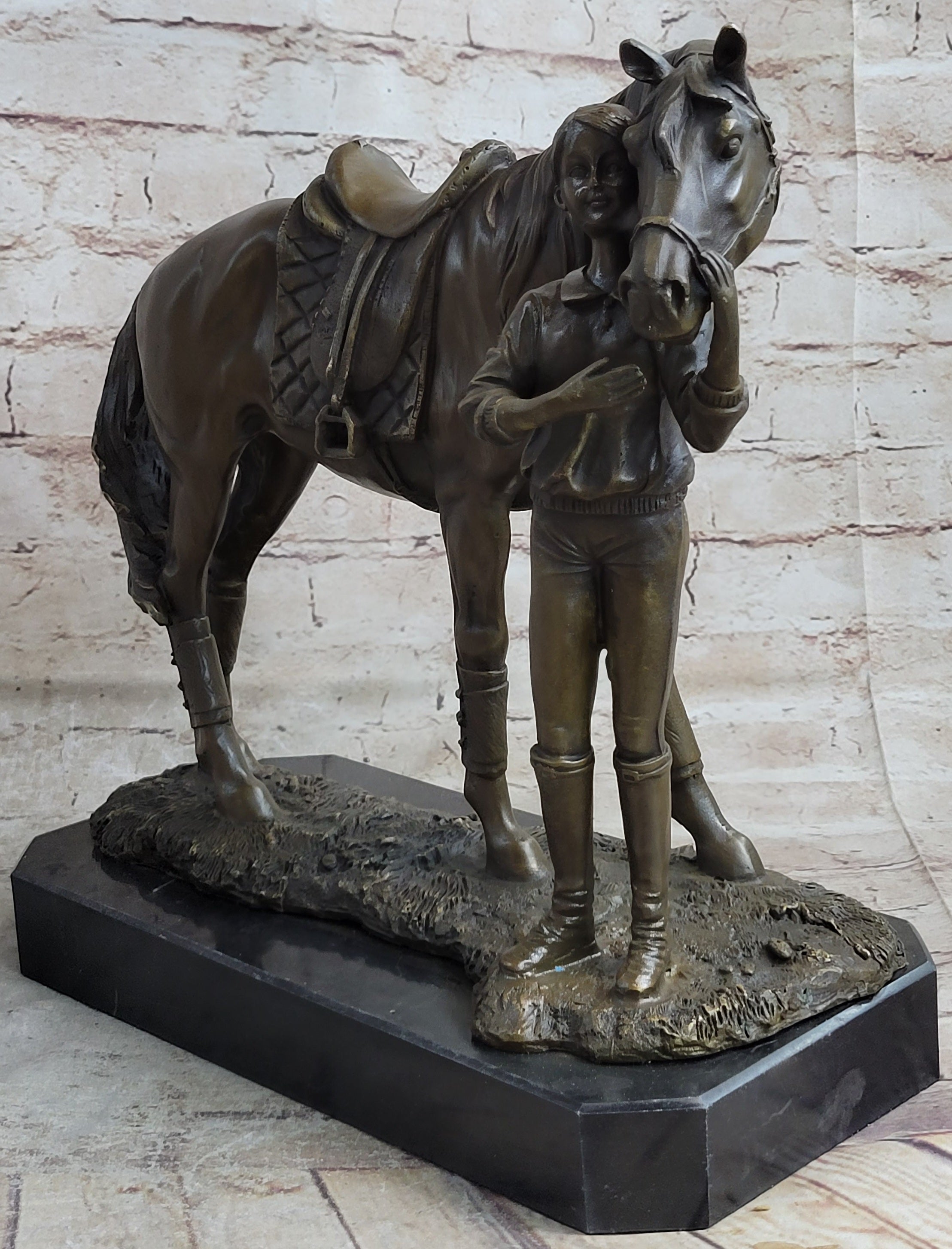Equestrian Little Girl w/ Horse Bronze Sculpture 11" x 12"