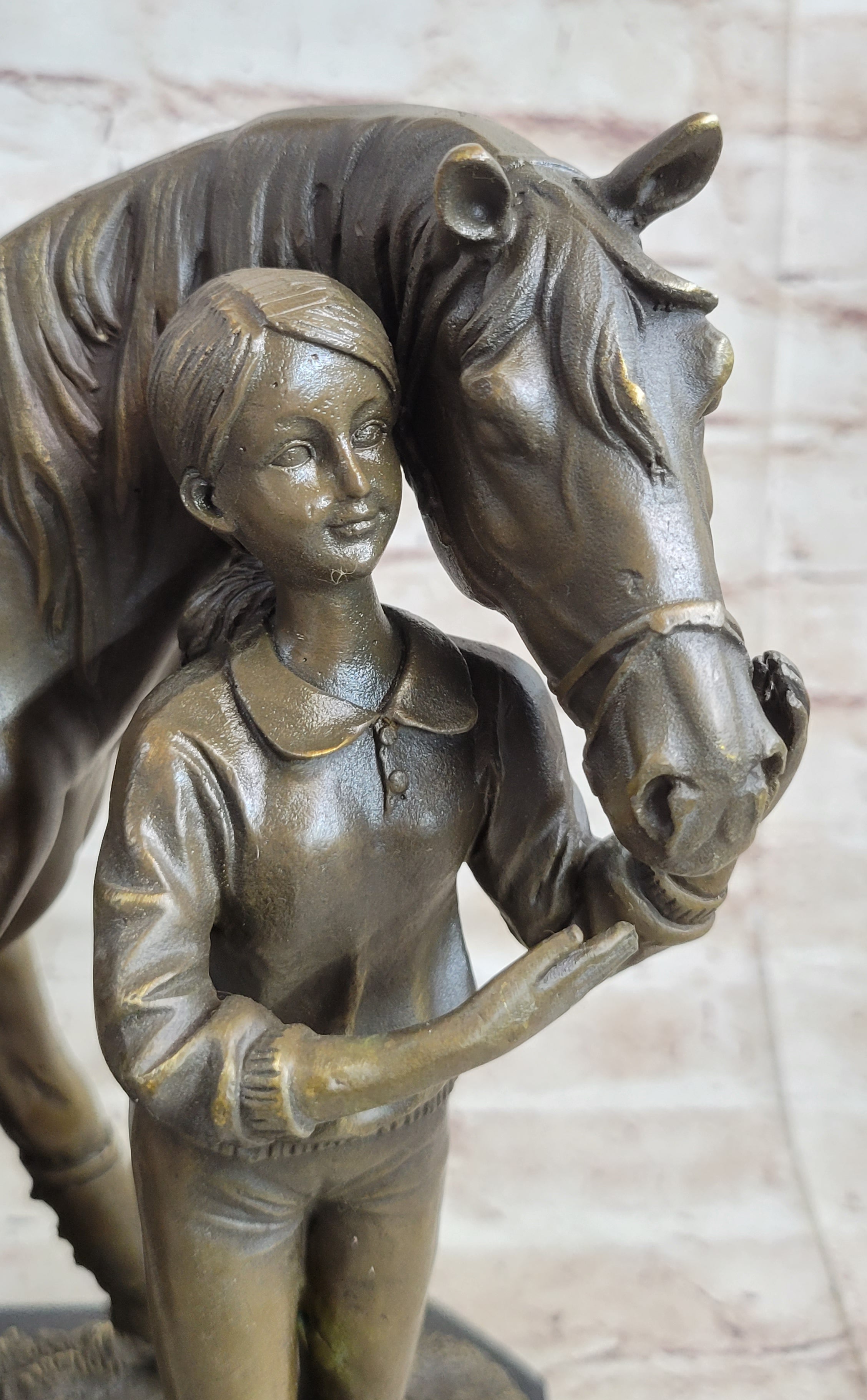 Equestrian Little Girl w/ Horse Bronze Sculpture 11" x 12"