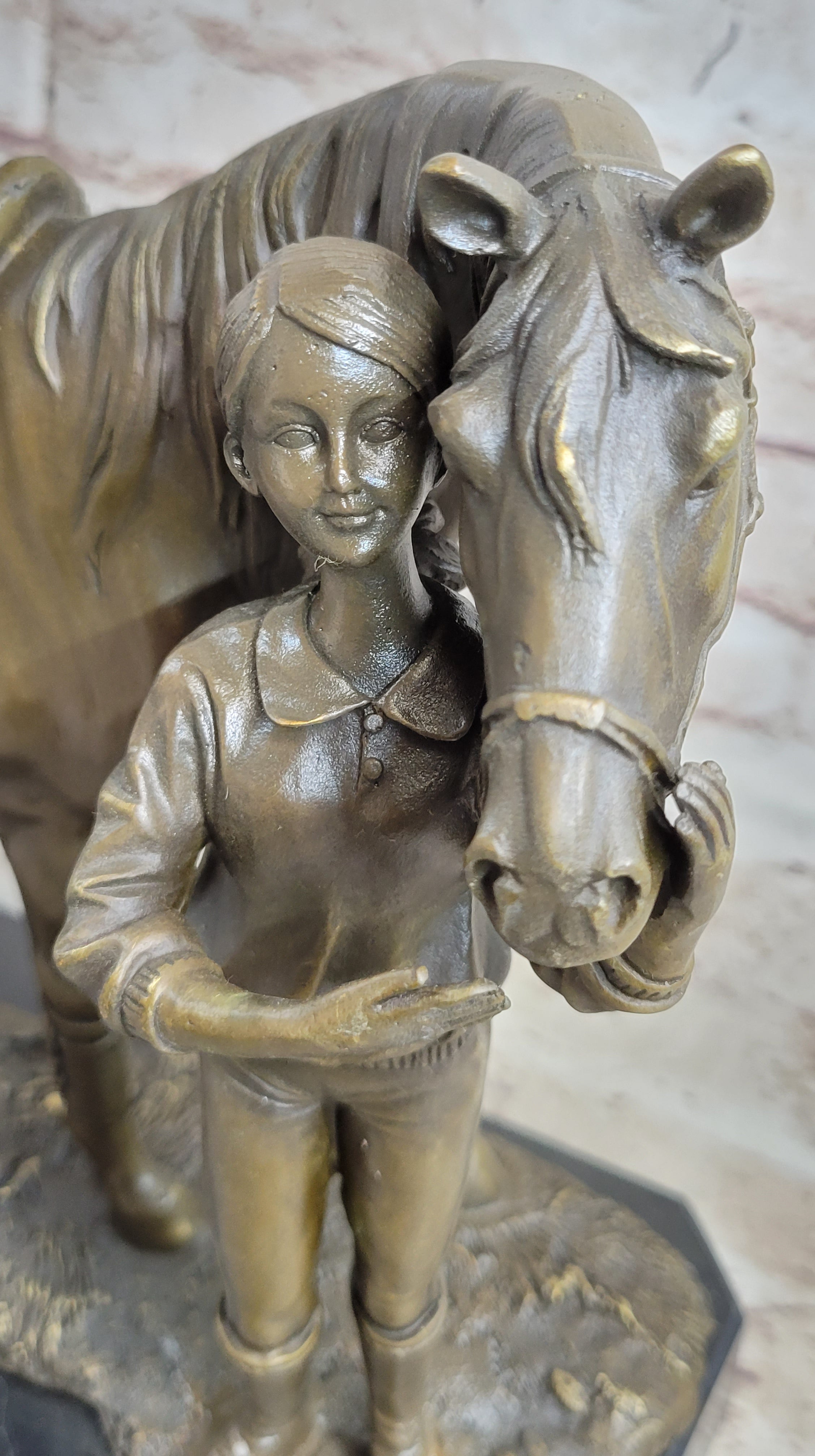 Equestrian Little Girl w/ Horse Bronze Sculpture 11" x 12"