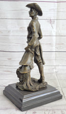 Cowboy Holding Horse Saddle Bronze Sculpture 13" x 6"