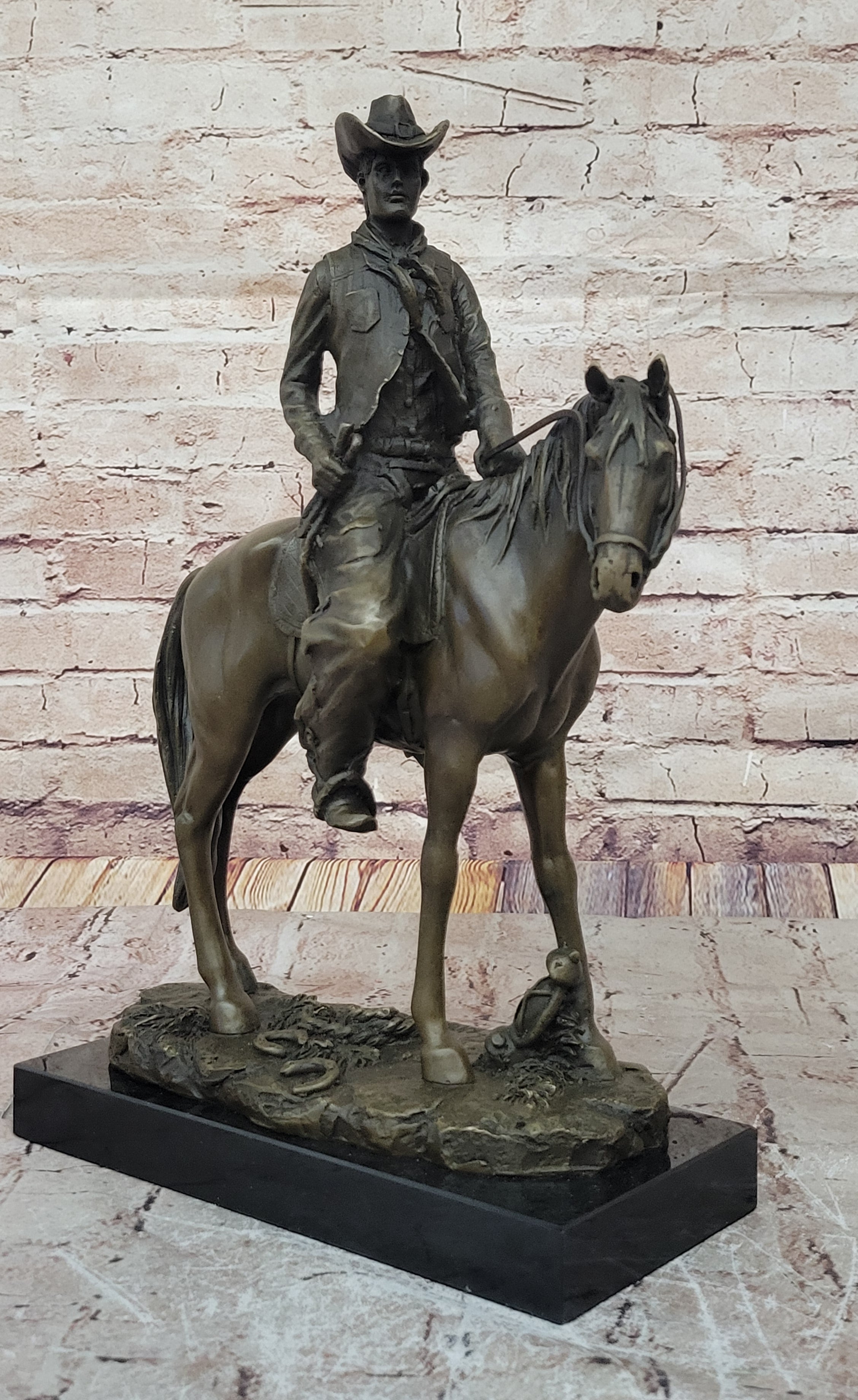 Wild West Cowboy With Hat Riding Horse Bronze Sculpture