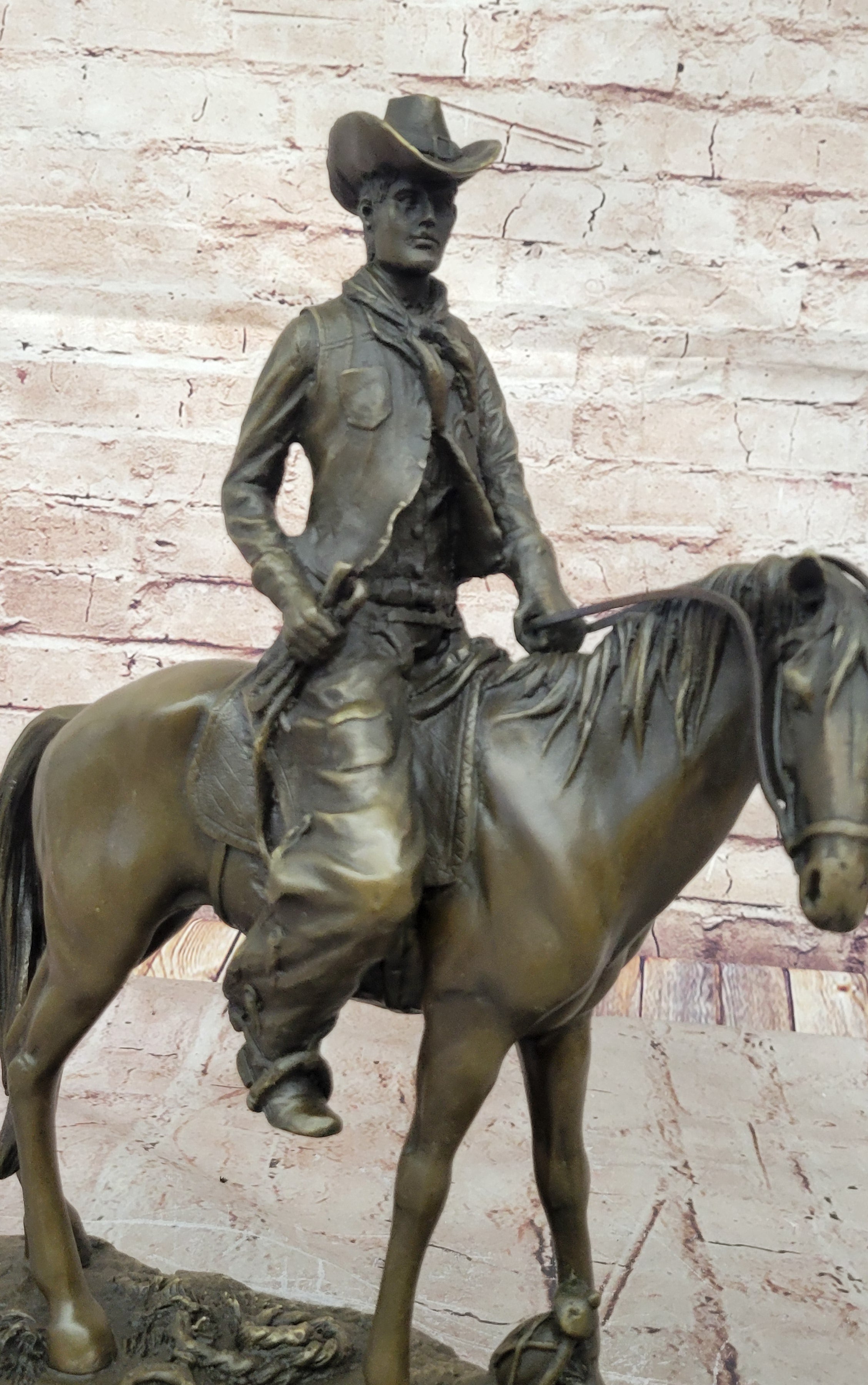 Wild West Cowboy With Hat Riding Horse Bronze Sculpture