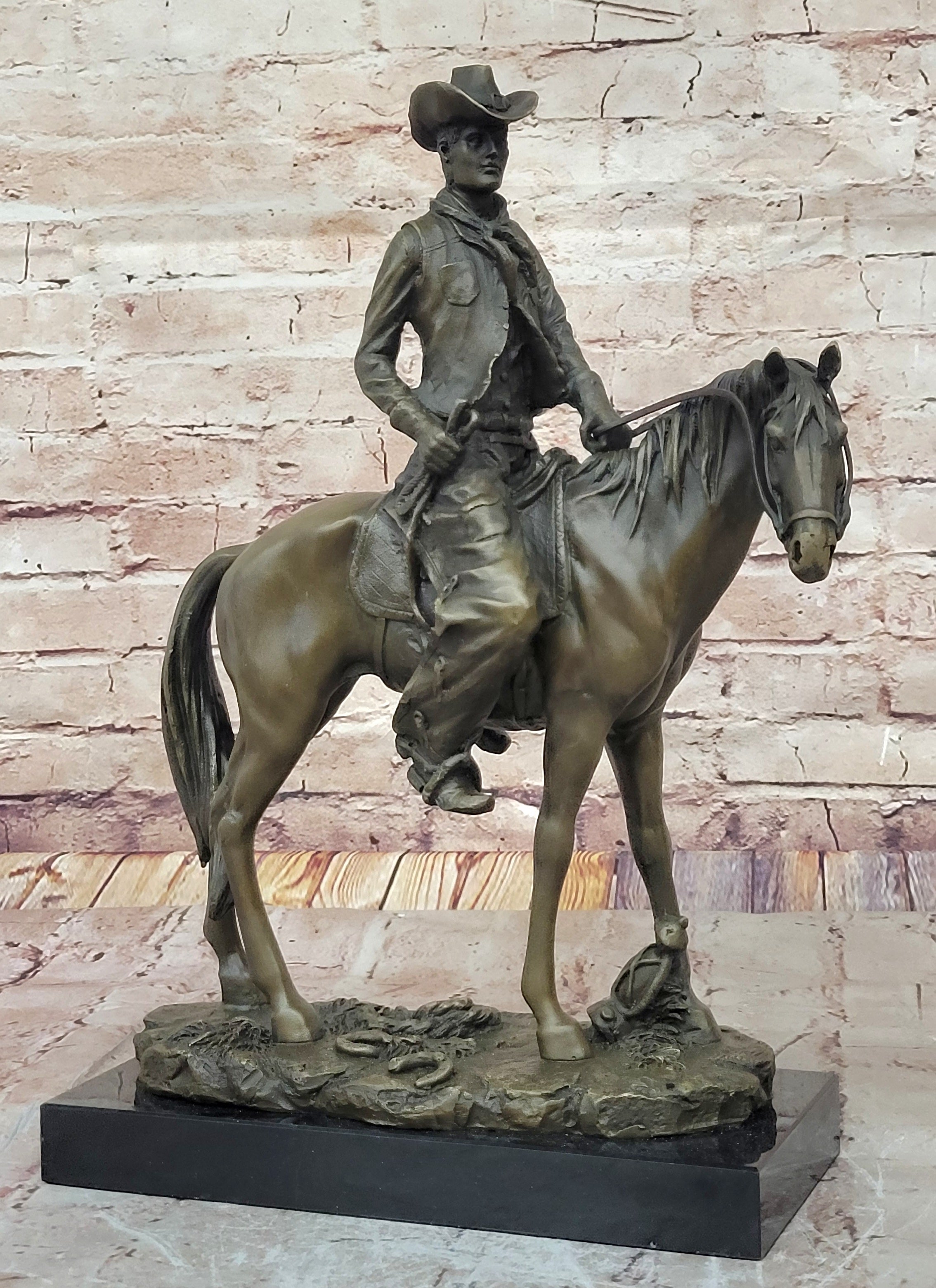 Wild West Cowboy With Hat Riding Horse Bronze Sculpture