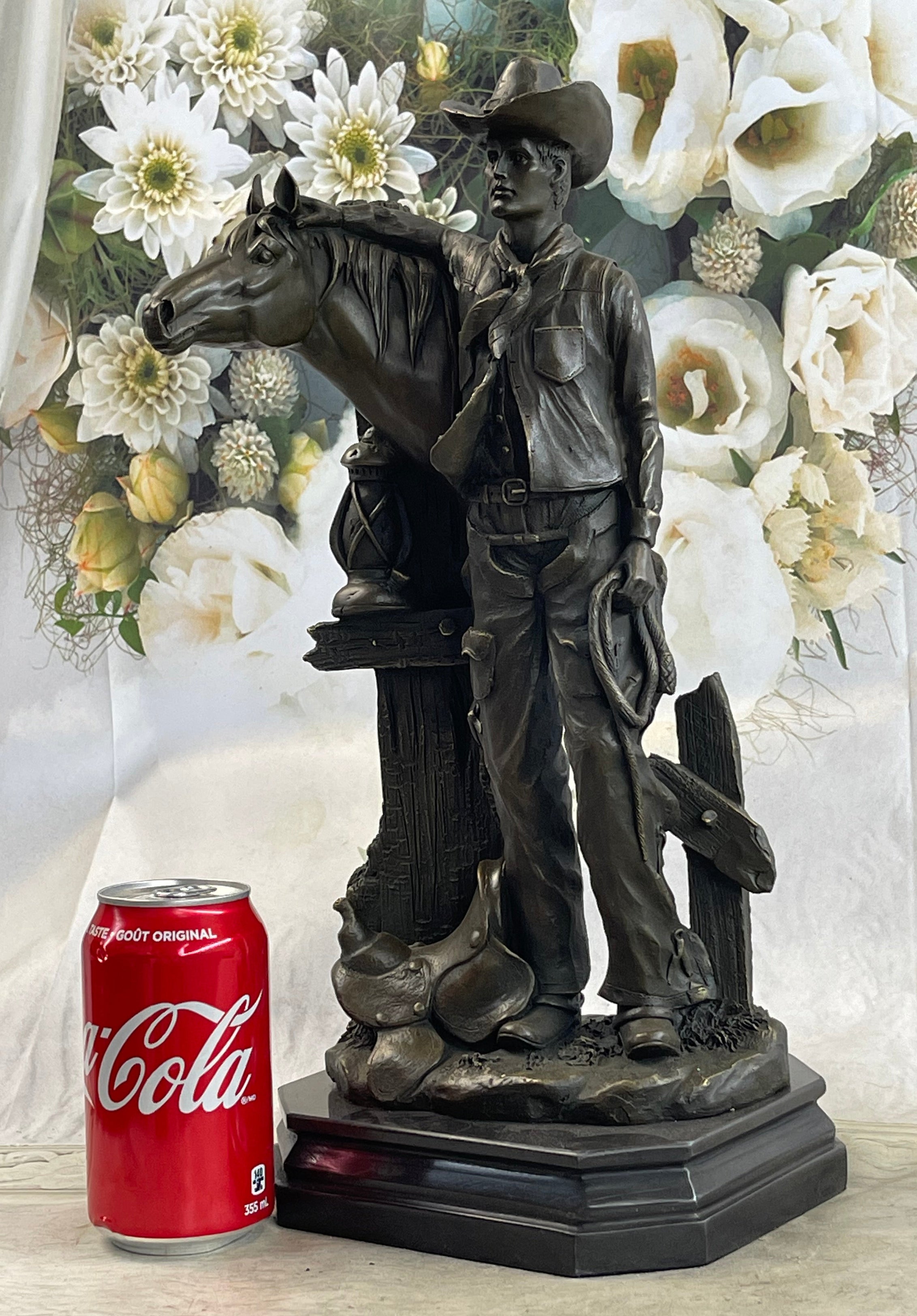 Cowboy Saddling Horse Bronze Sculpture 16" x 8"
