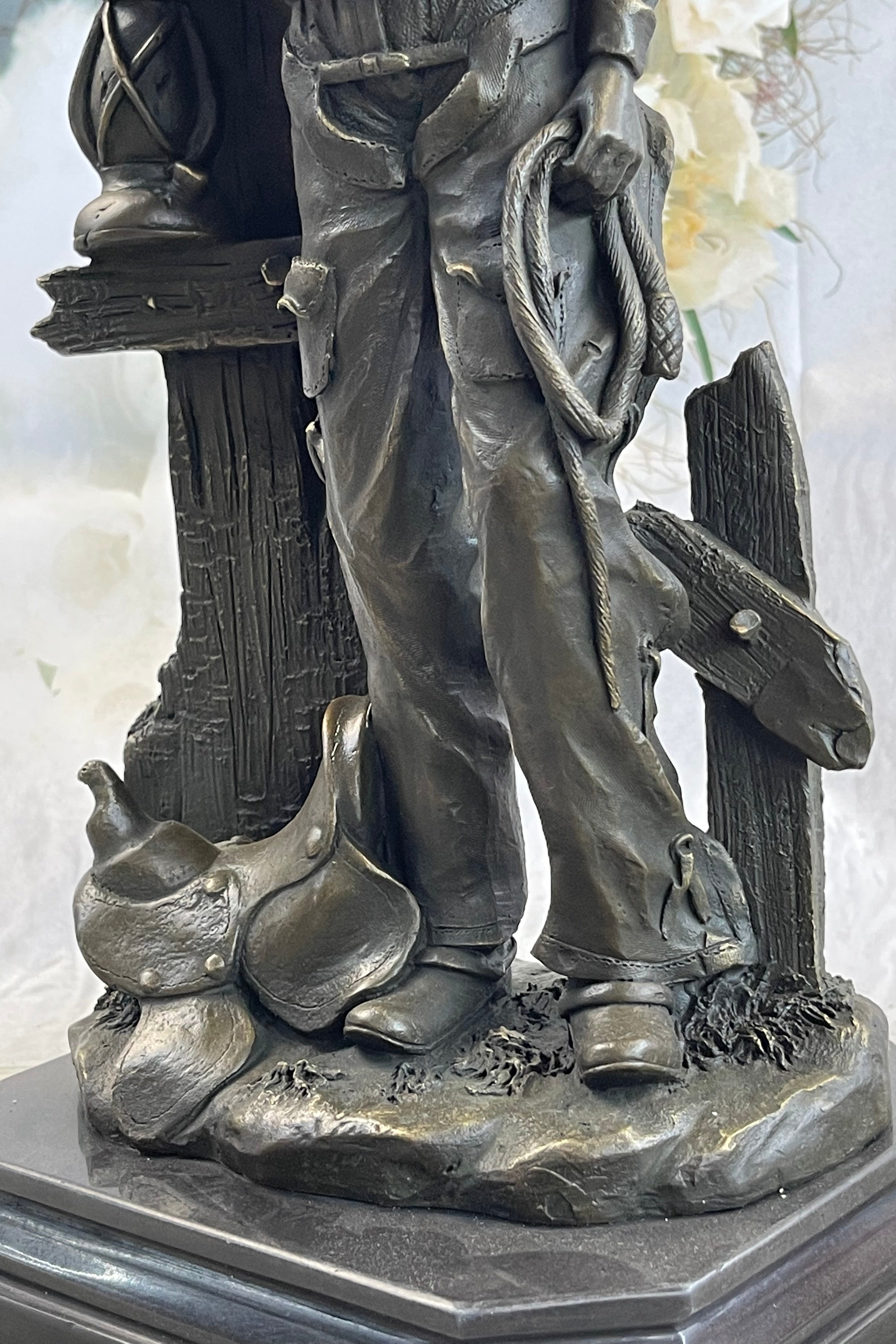 Cowboy Saddling Horse Bronze Sculpture 16" x 8"