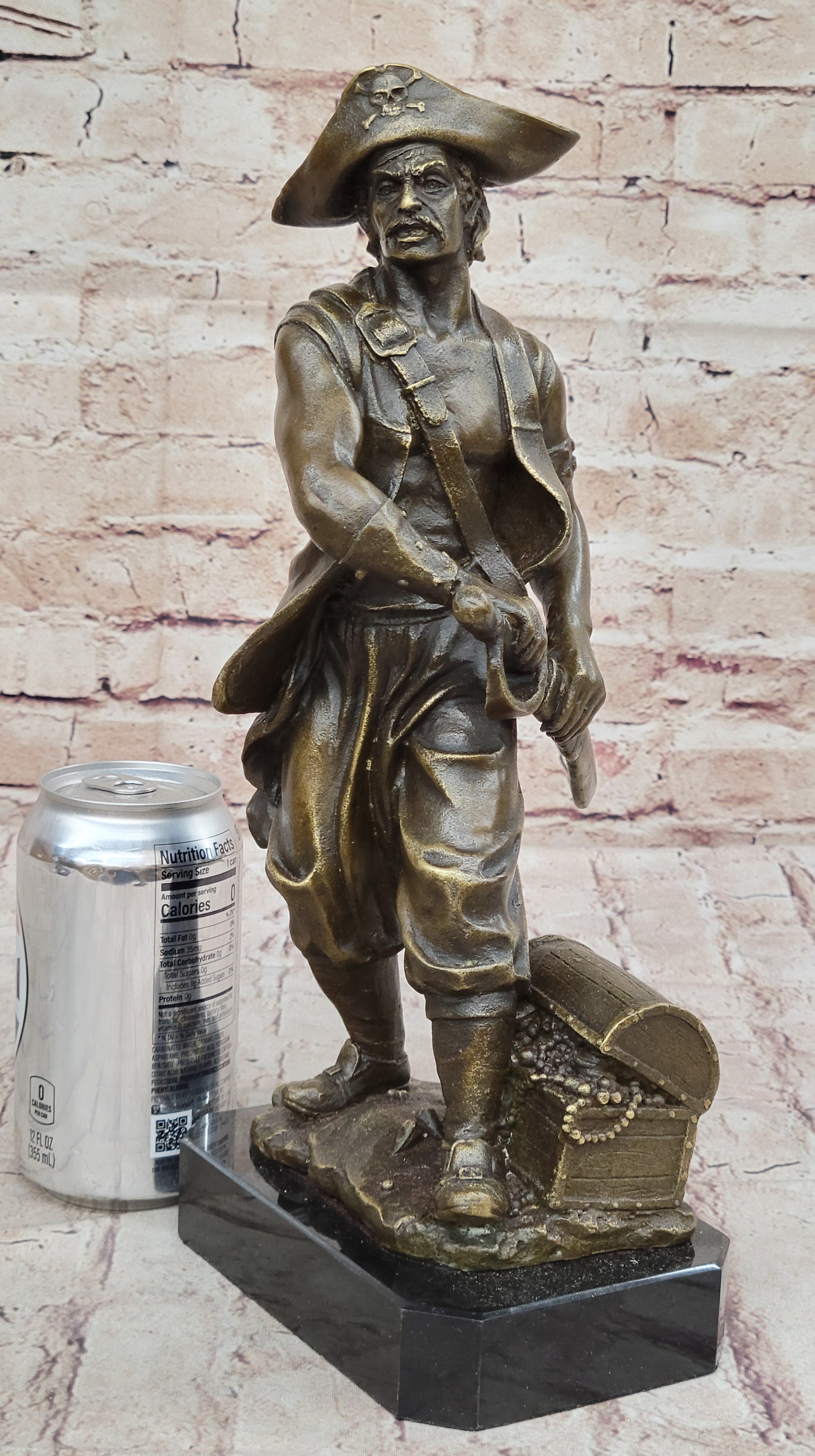 Swashbuckler Pirate Bronze Figure w/ Treasure Chest 13" x 6"