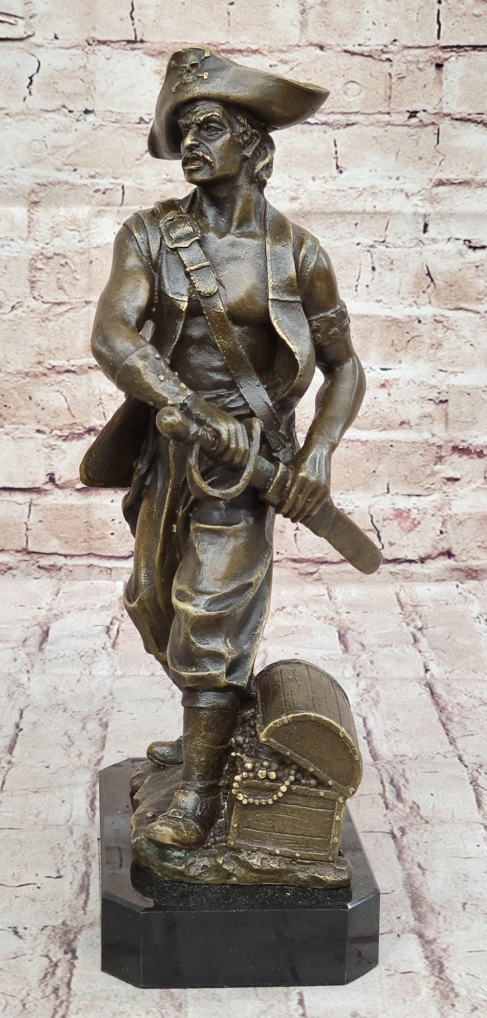 Swashbuckler Pirate Bronze Figure w/ Treasure Chest 13" x 6"