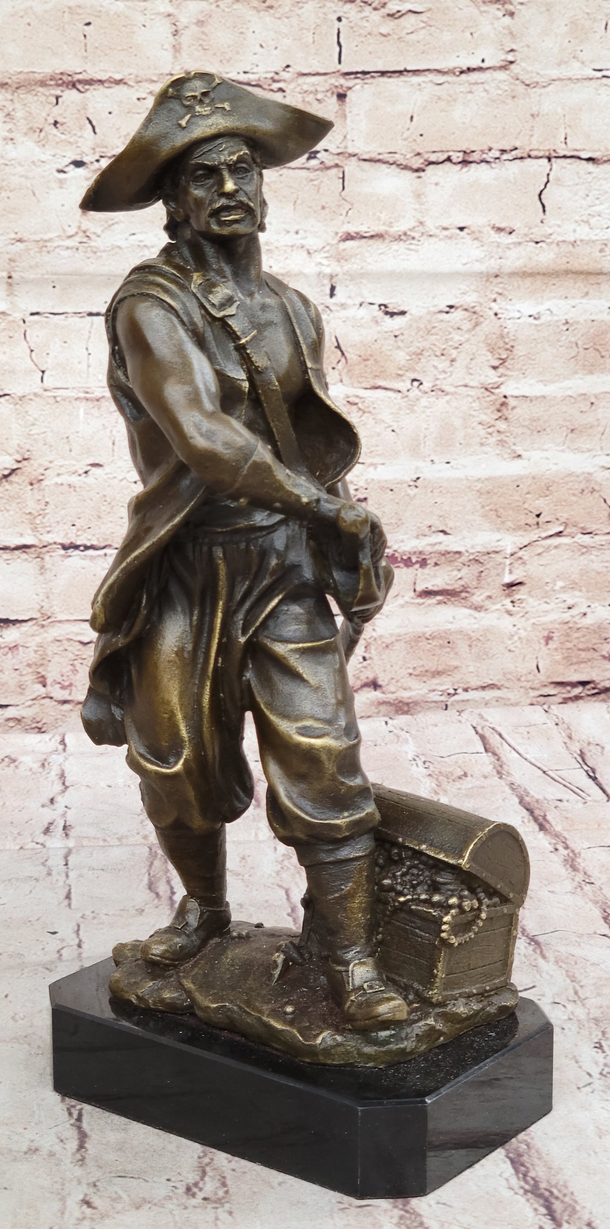 Swashbuckler Pirate Bronze Figure w/ Treasure Chest 13" x 6"