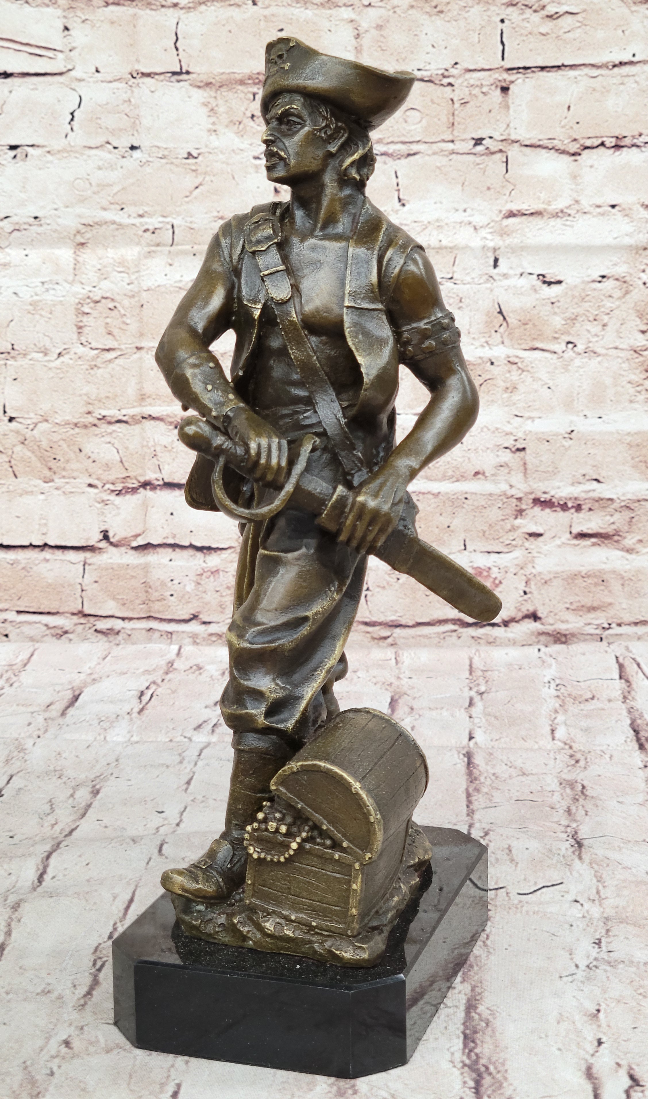 Swashbuckler Pirate Bronze Figure w/ Treasure Chest 13" x 6"