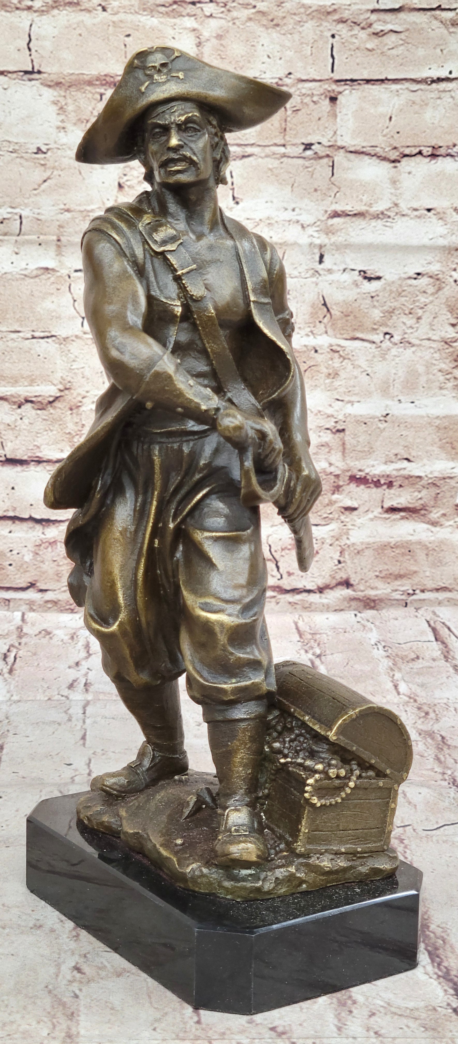 Swashbuckler Pirate Bronze Figure w/ Treasure Chest 13" x 6"