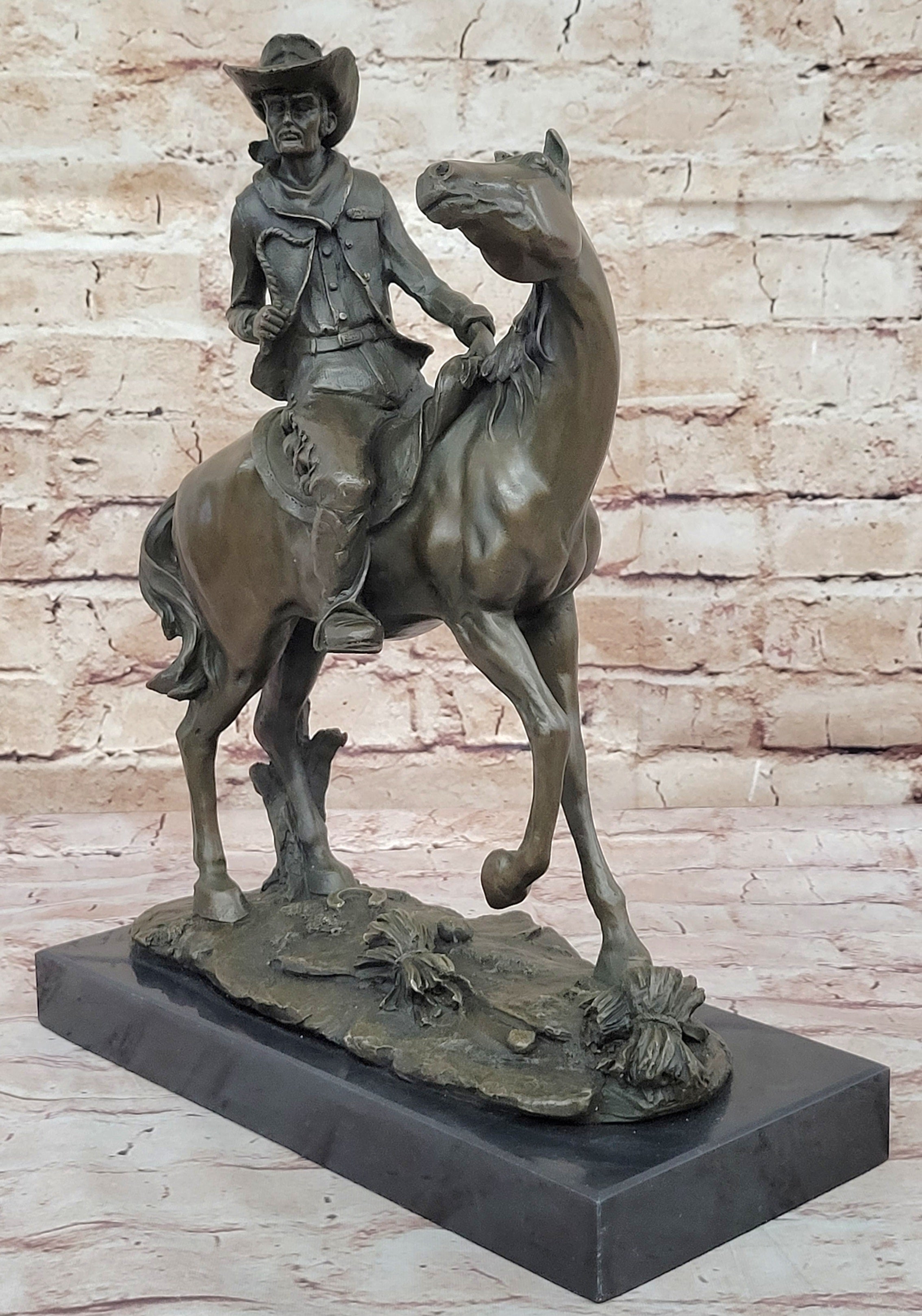 Bronze Western Sculpture Cowboy on Horseback 14" x 11"