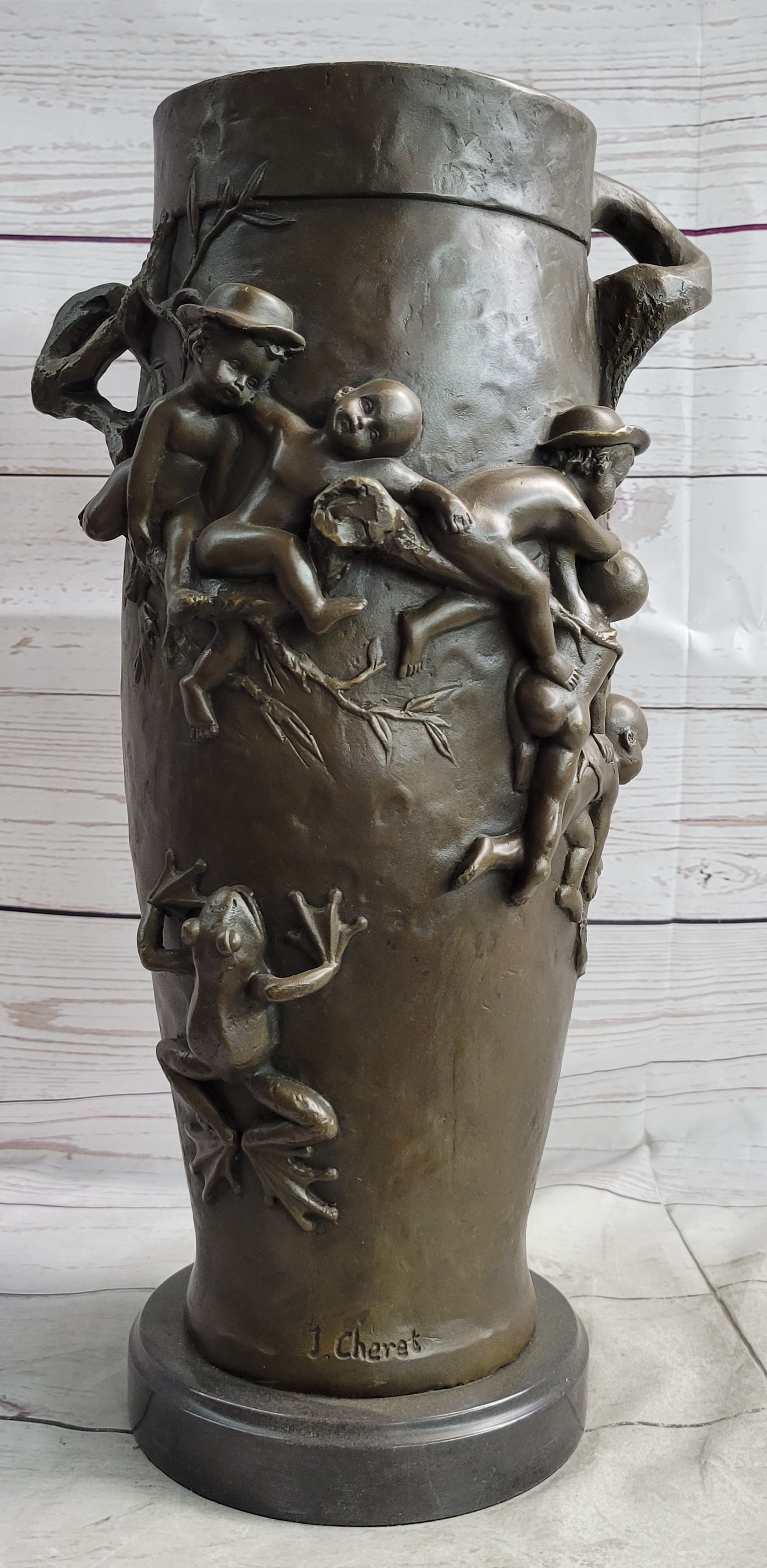 Joseph Cheret Bronze Urn Water Babies Cherubim 15" x 7"
