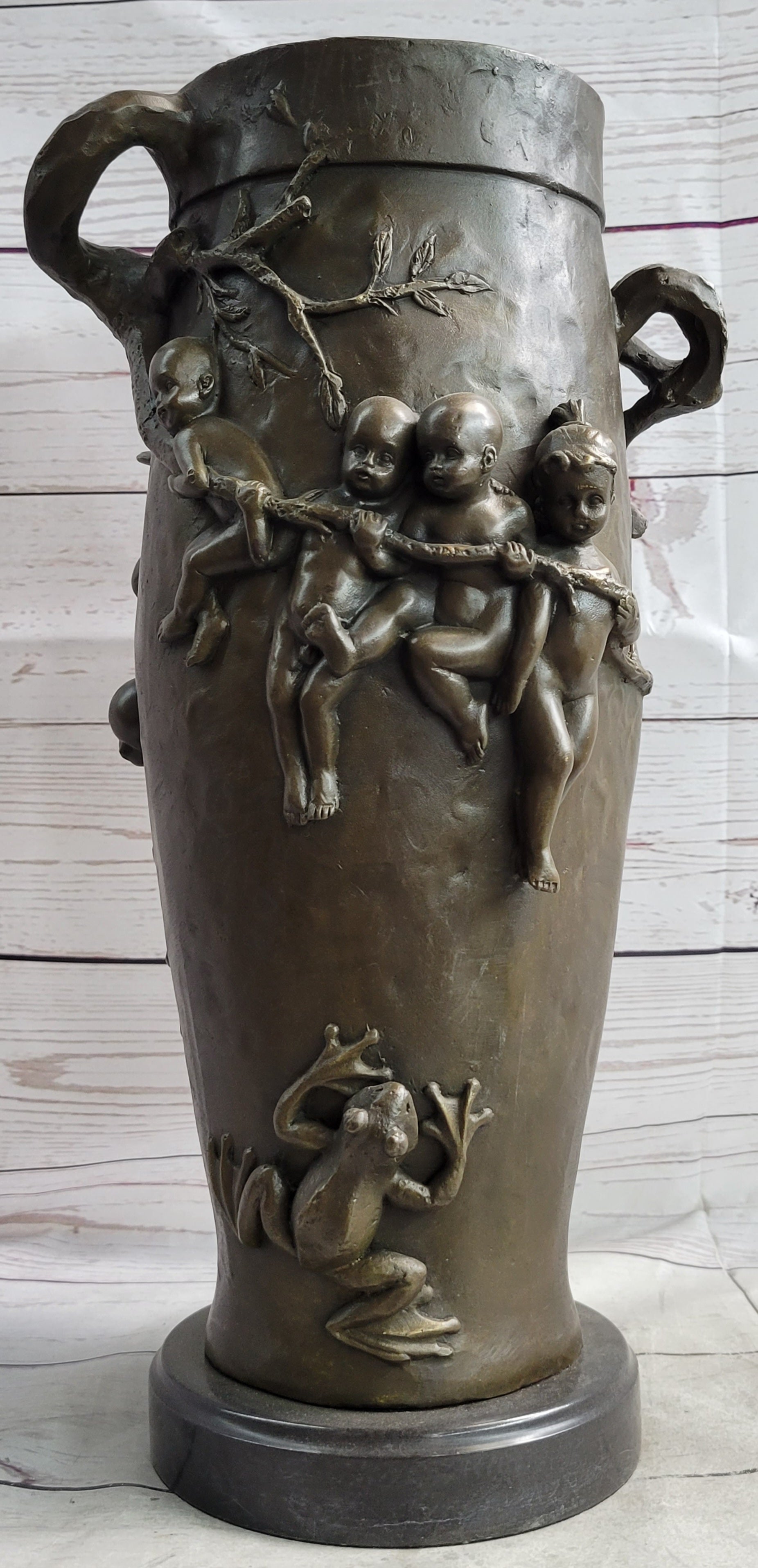 Joseph Cheret Bronze Urn Water Babies Cherubim 15" x 7"