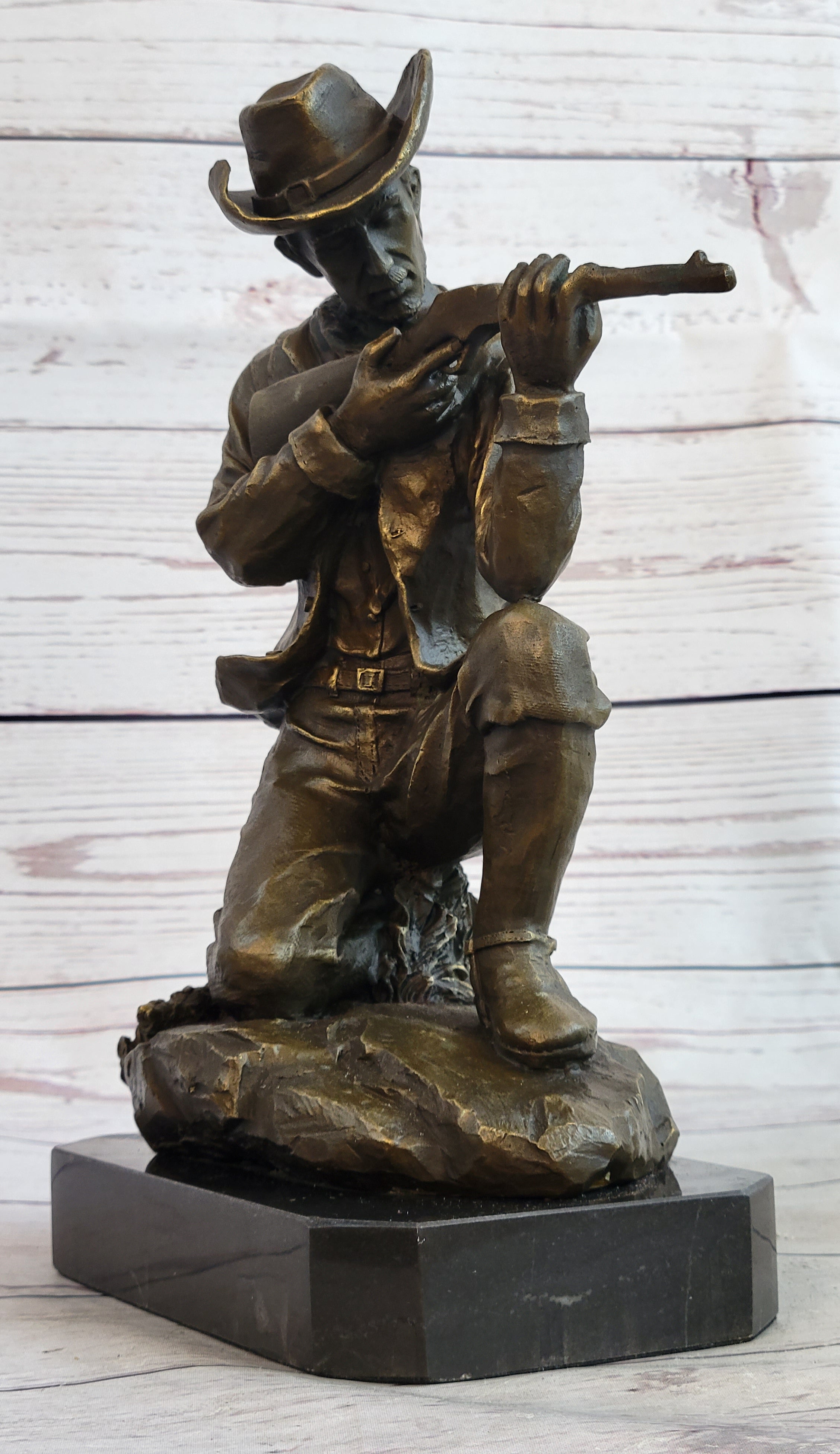 Bronze Kneeling Ranger With Rifle Cowboy Sculpture 11" x 8"