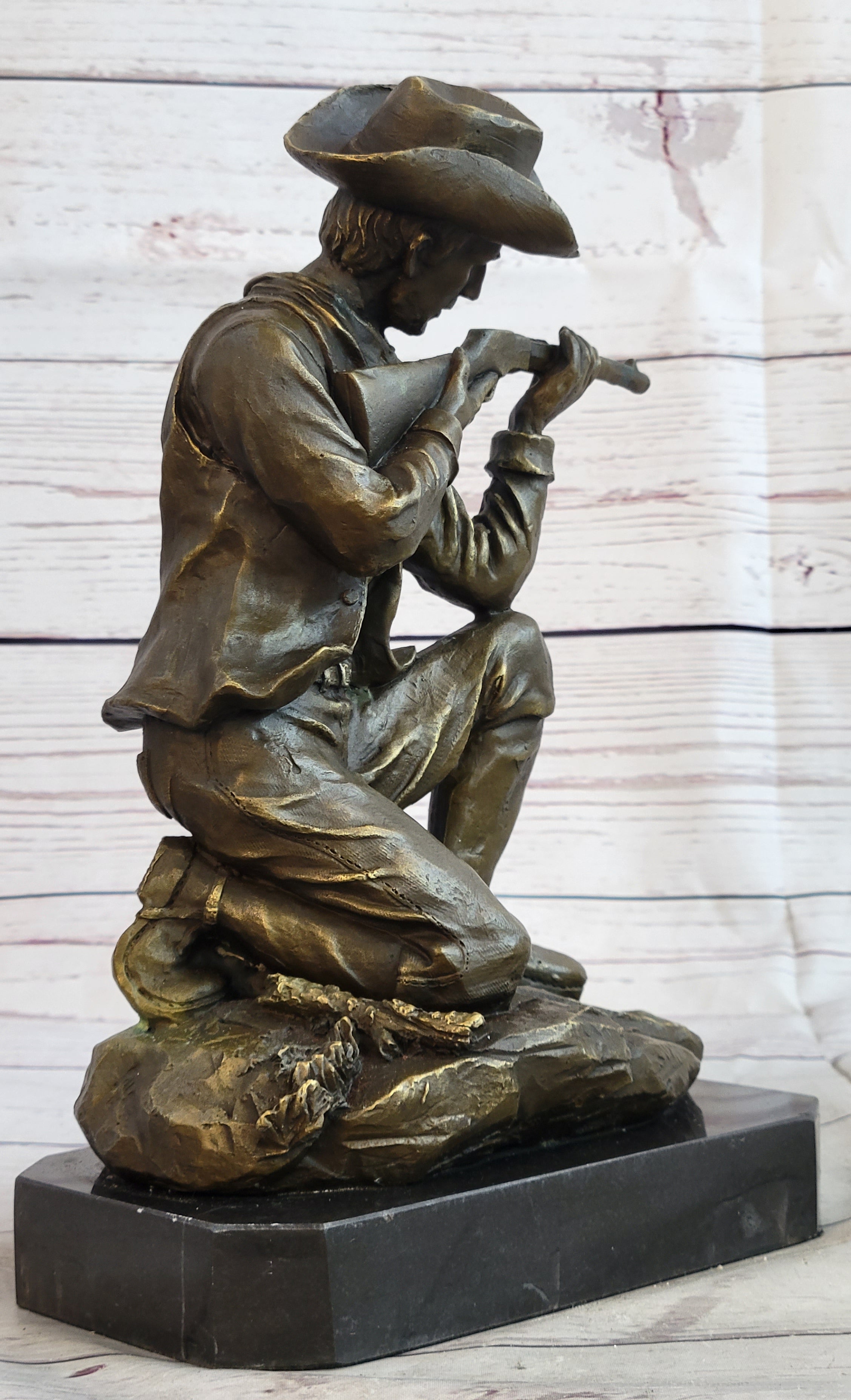 Bronze Kneeling Ranger With Rifle Cowboy Sculpture 11" x 8"