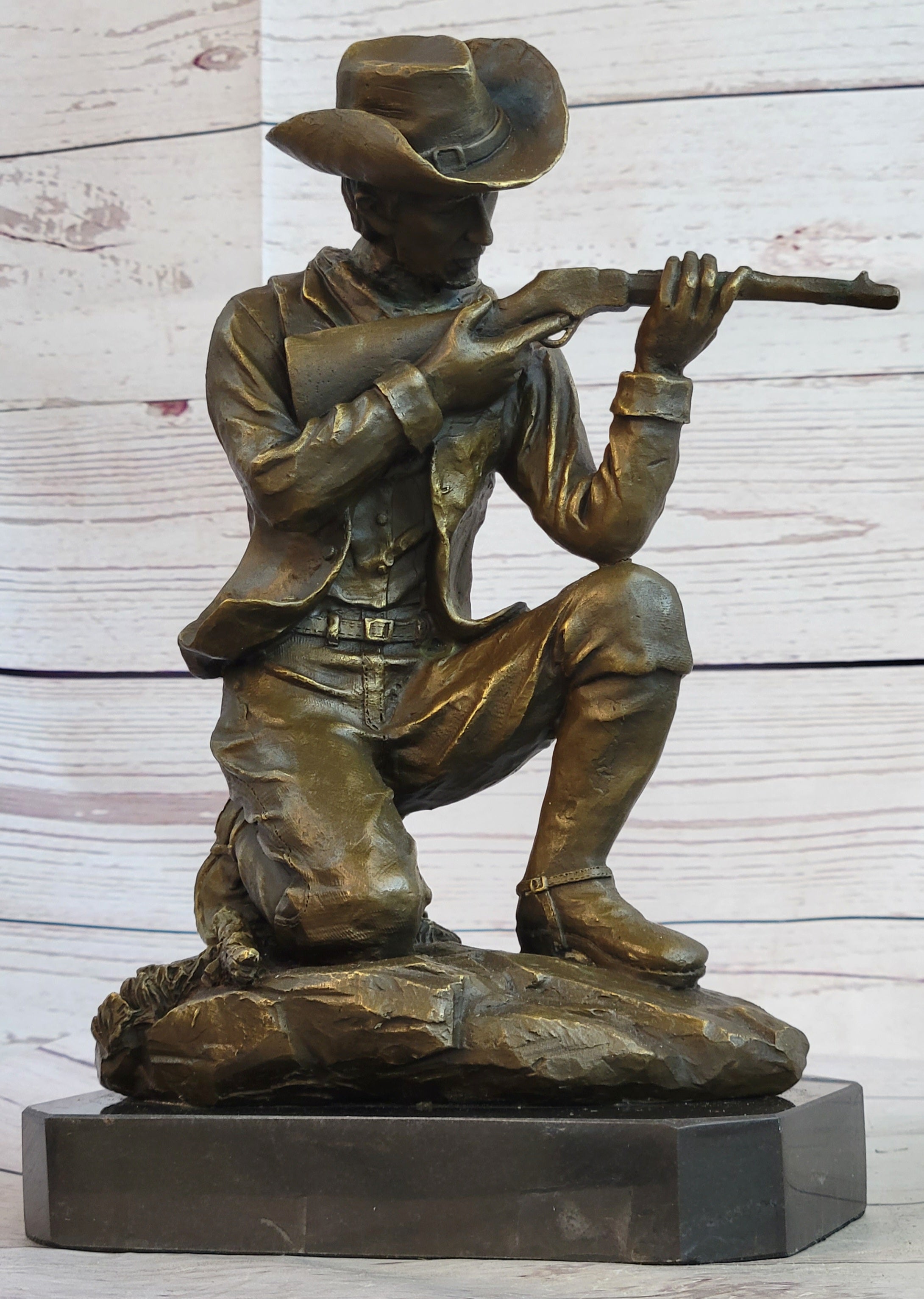 Bronze Kneeling Ranger With Rifle Cowboy Sculpture 11" x 8"