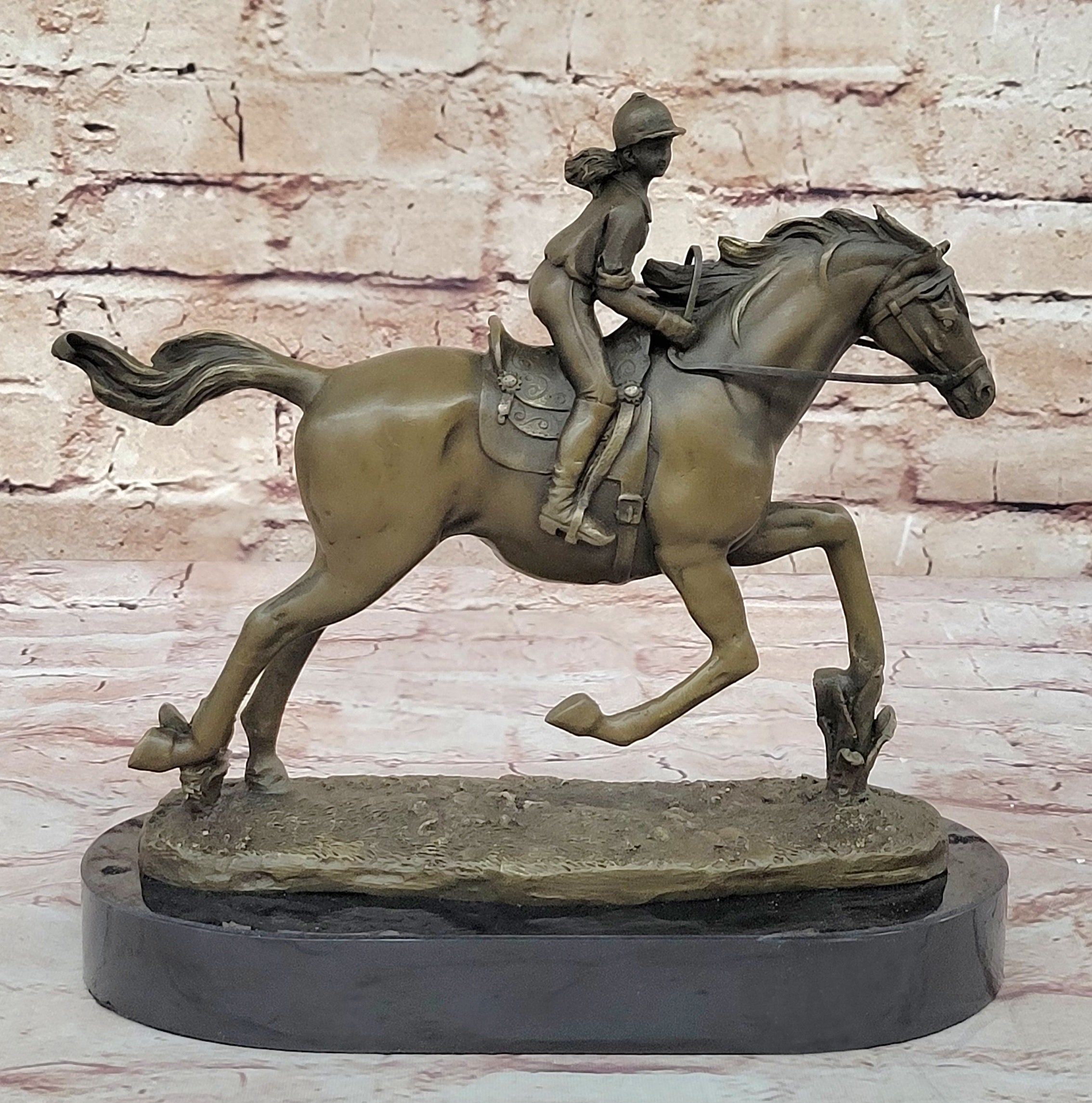 Female Equestrian Jockey Horseback Riding Bronze Sculpture 9" x 9"