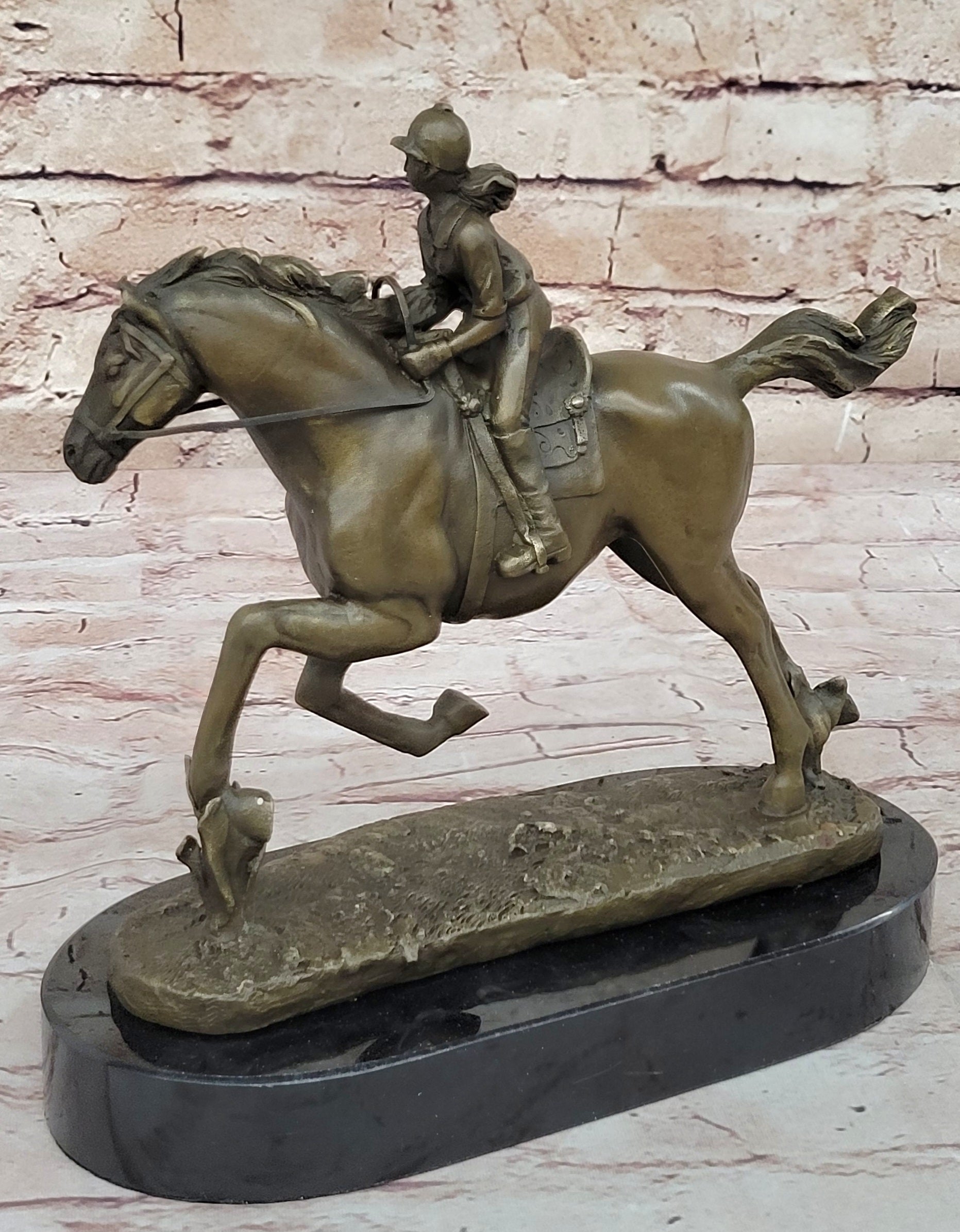 Female Equestrian Jockey Horseback Riding Bronze Sculpture 9" x 9"