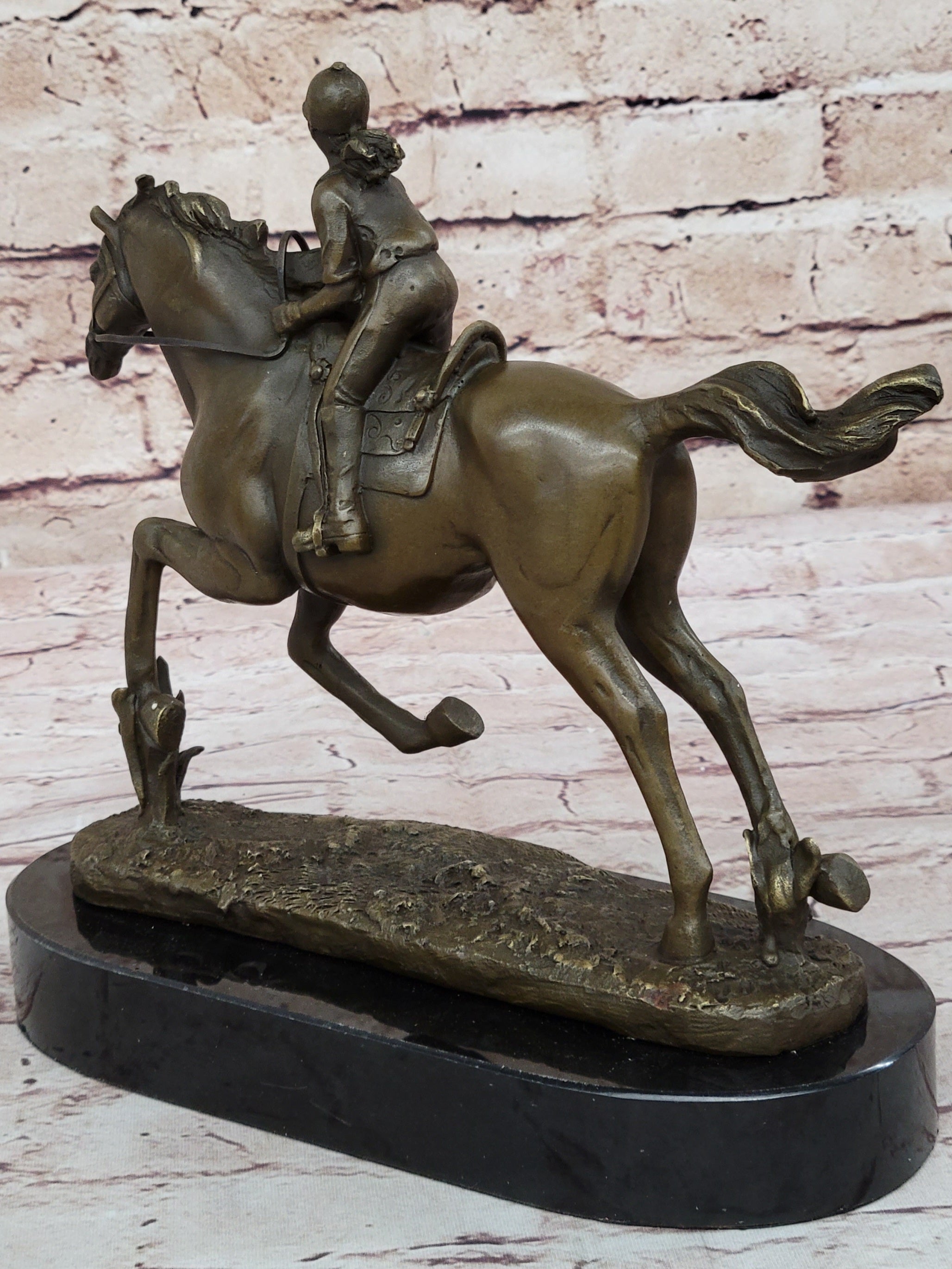 Female Equestrian Jockey Horseback Riding Bronze Sculpture 9" x 9"