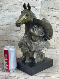 Old West Cowboy With Horse Bronze Bust Sculpture