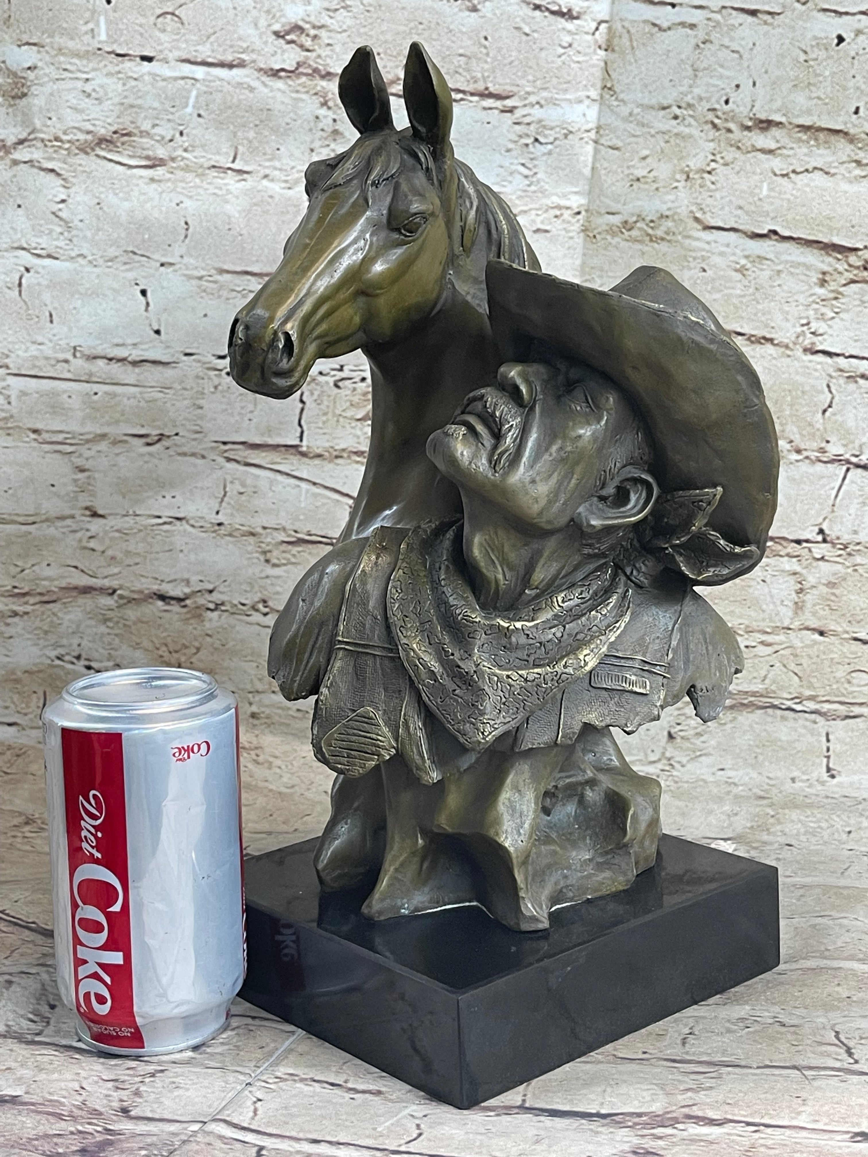 Old West Cowboy With Horse Bronze Bust Sculpture