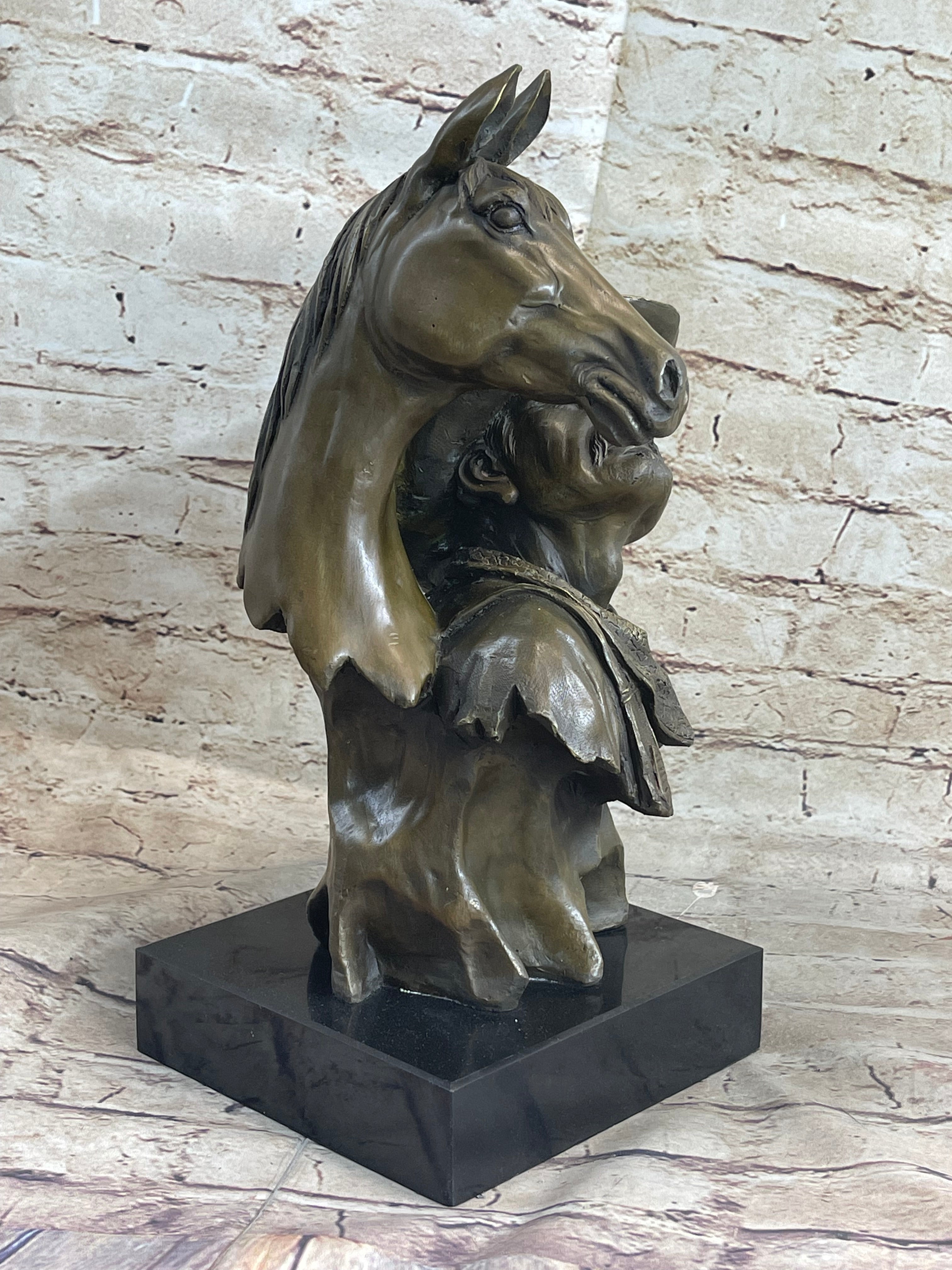 Old West Cowboy With Horse Bronze Bust Sculpture