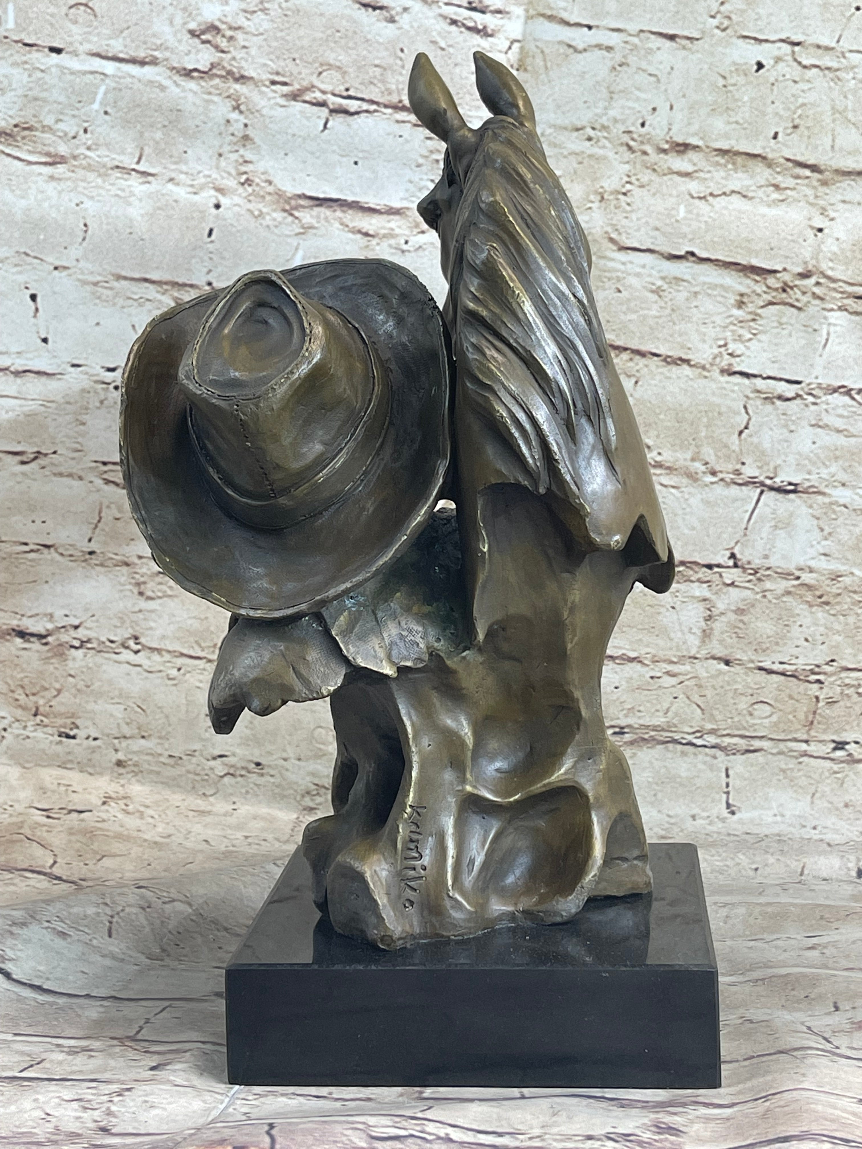 Old West Cowboy With Horse Bronze Bust Sculpture