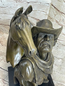 Old West Cowboy With Horse Bronze Bust Sculpture