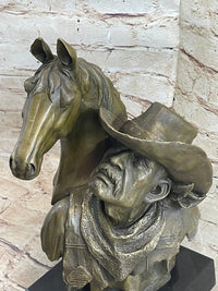 Old West Cowboy With Horse Bronze Bust Sculpture