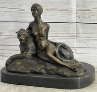 Aldo Vitaleh Nude Woman Sitting Next to a Panther Bronze Sculpture