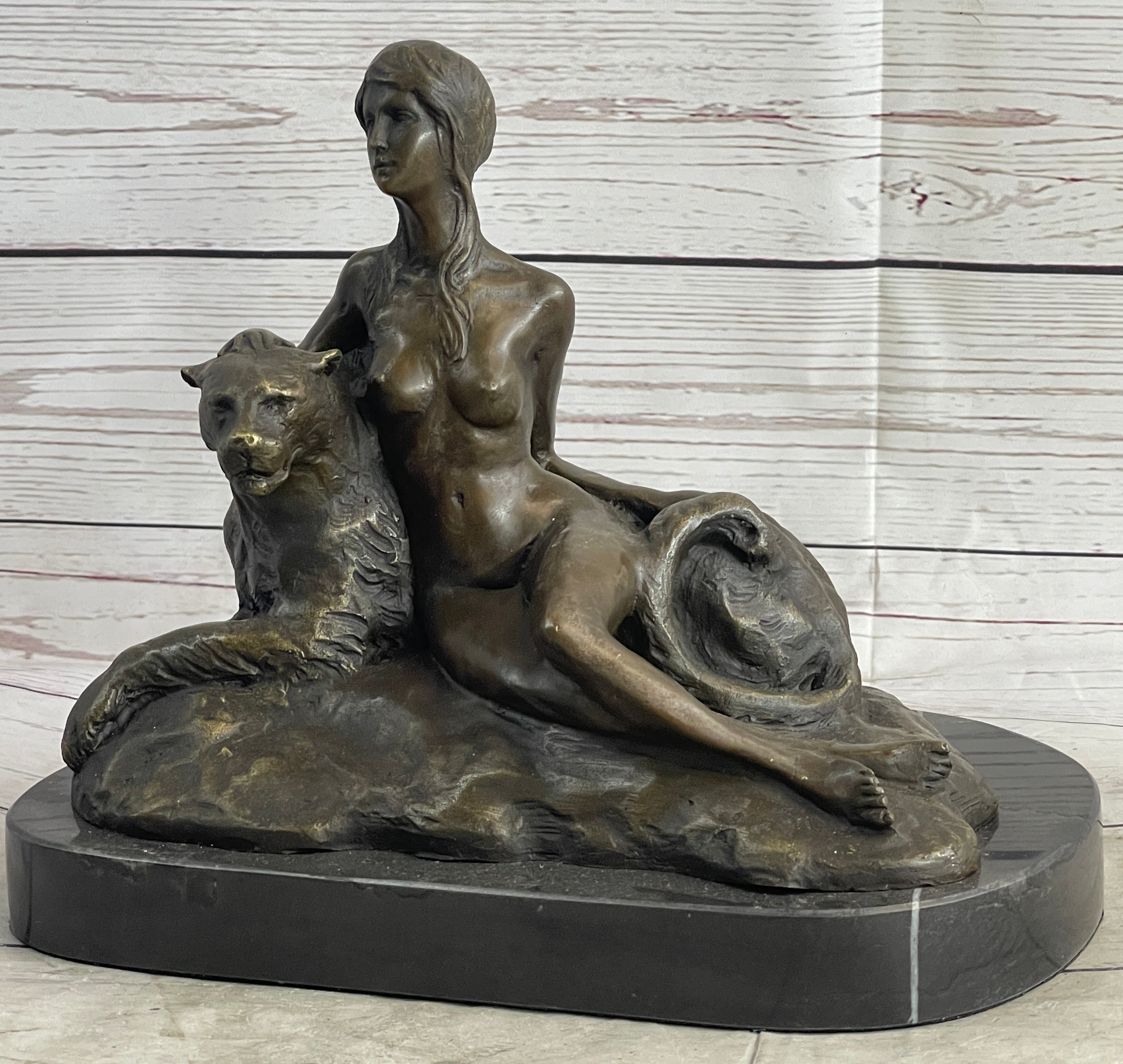 Aldo Vitaleh Nude Woman Sitting Next to a Panther Bronze Sculpture