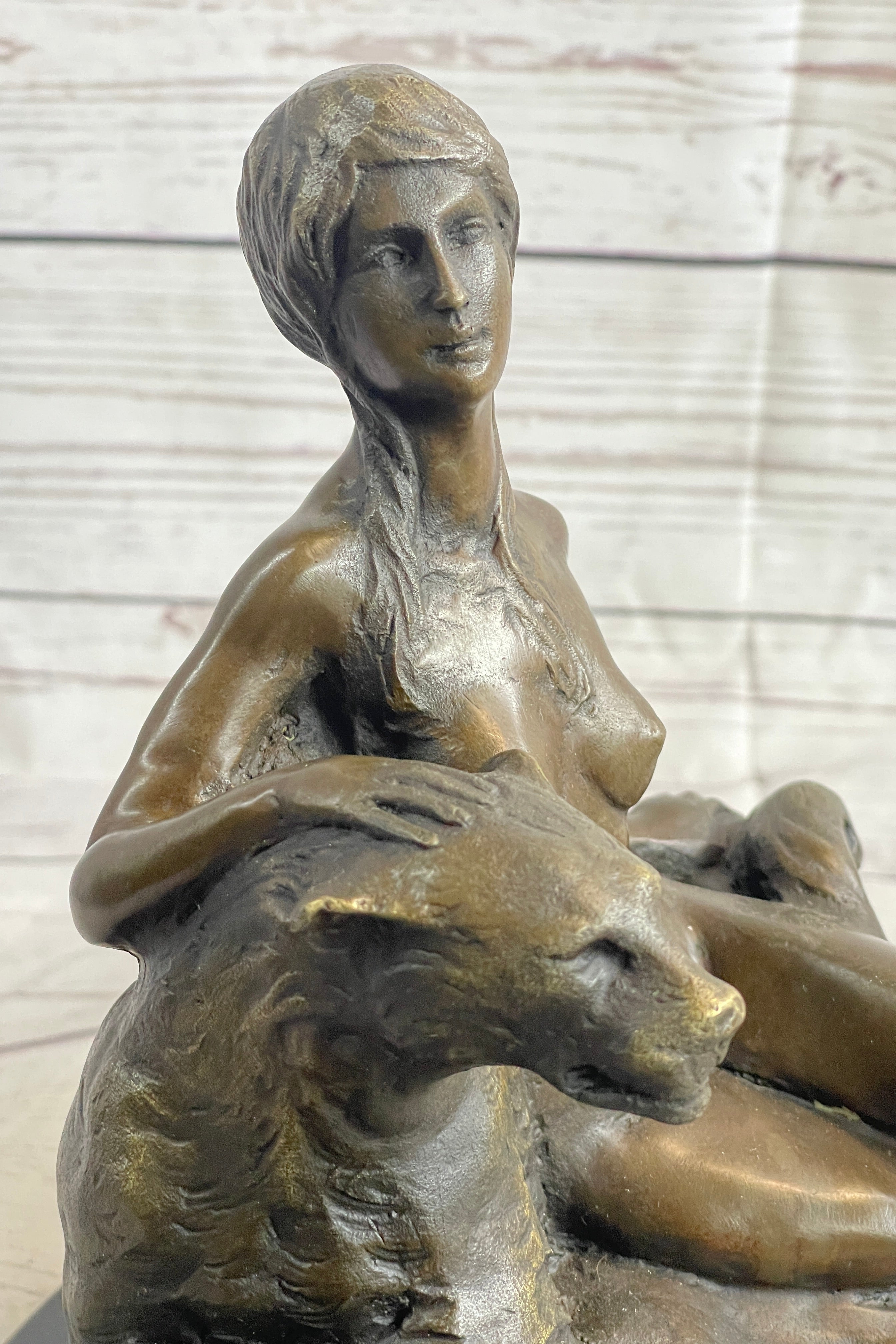 Aldo Vitaleh Nude Woman Sitting Next to a Panther Bronze Sculpture