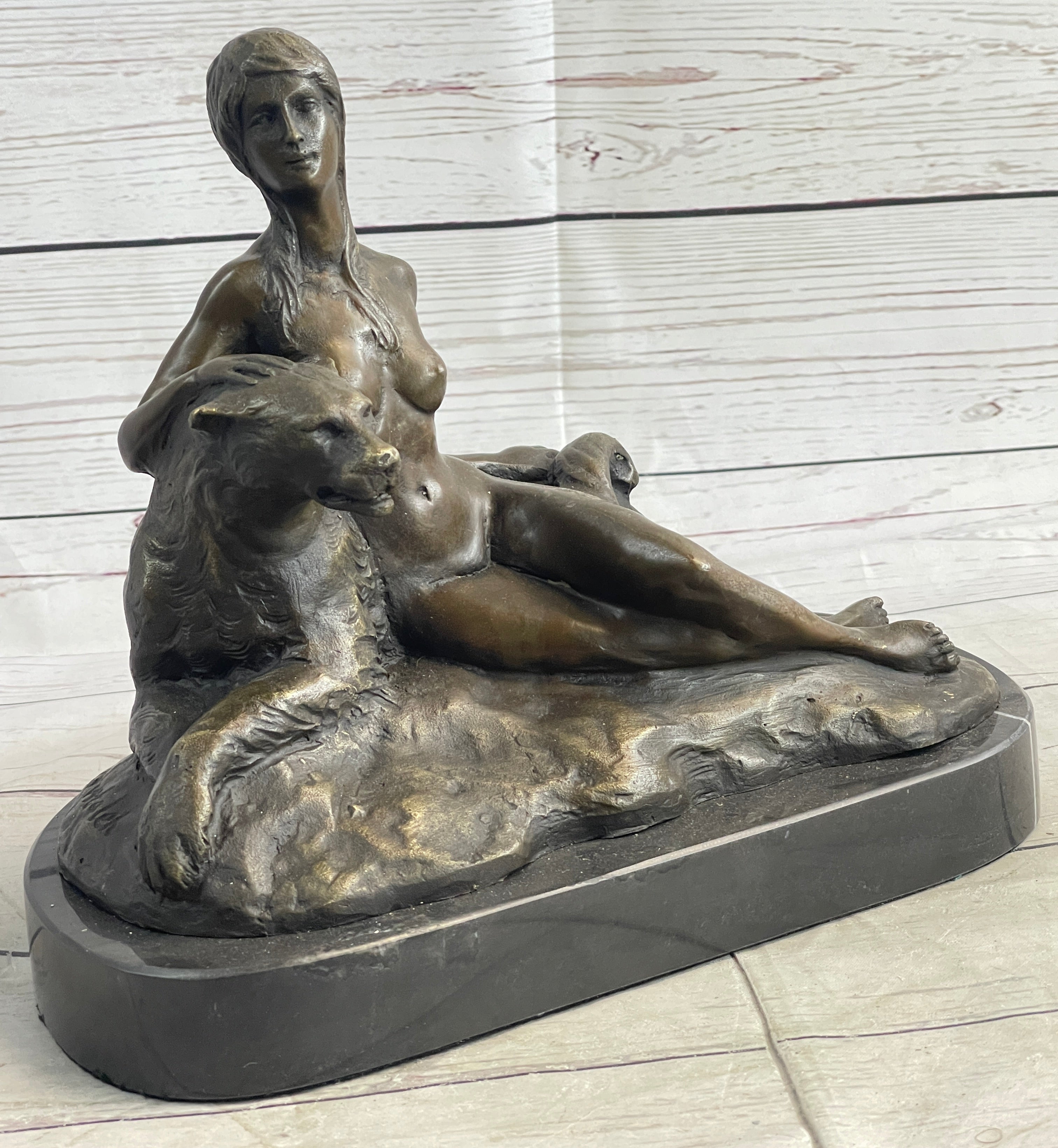 Aldo Vitaleh Nude Woman Sitting Next to a Panther Bronze Sculpture