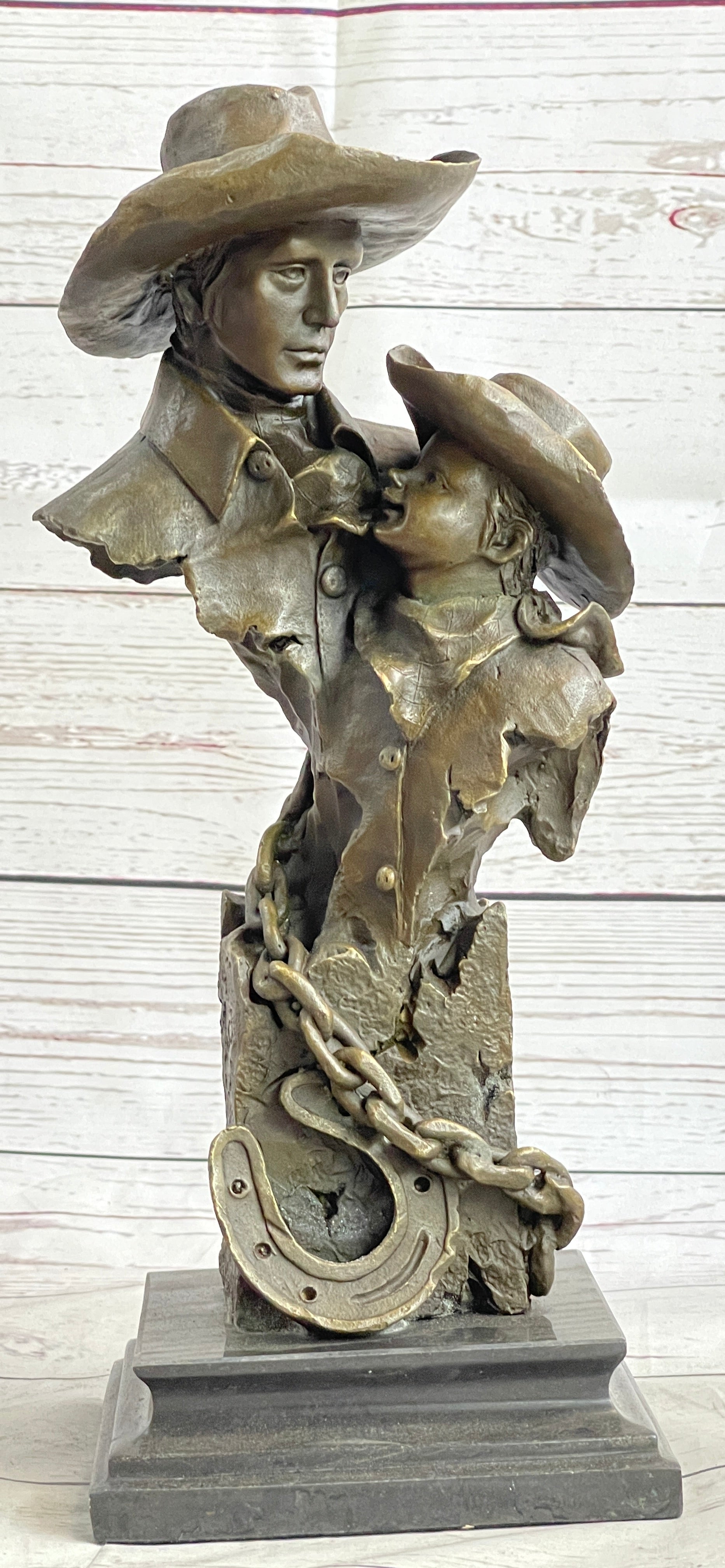 Just Like Papa Western Cowboy and Son Bronze Bust 13" x 6"